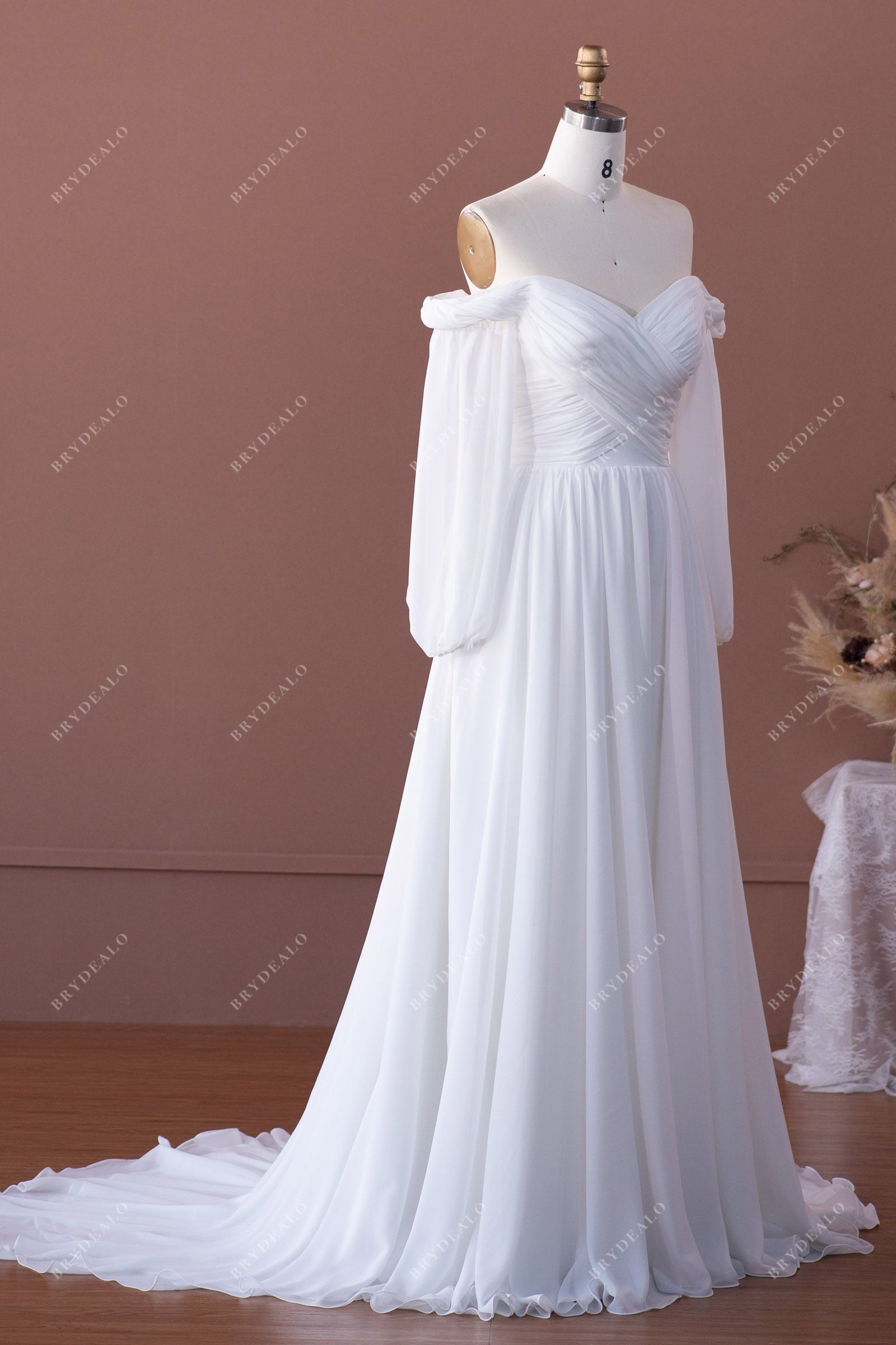 Chiffon White Off shoulder Beach Wedding Dress, Cheap Long prom dresses,PW116