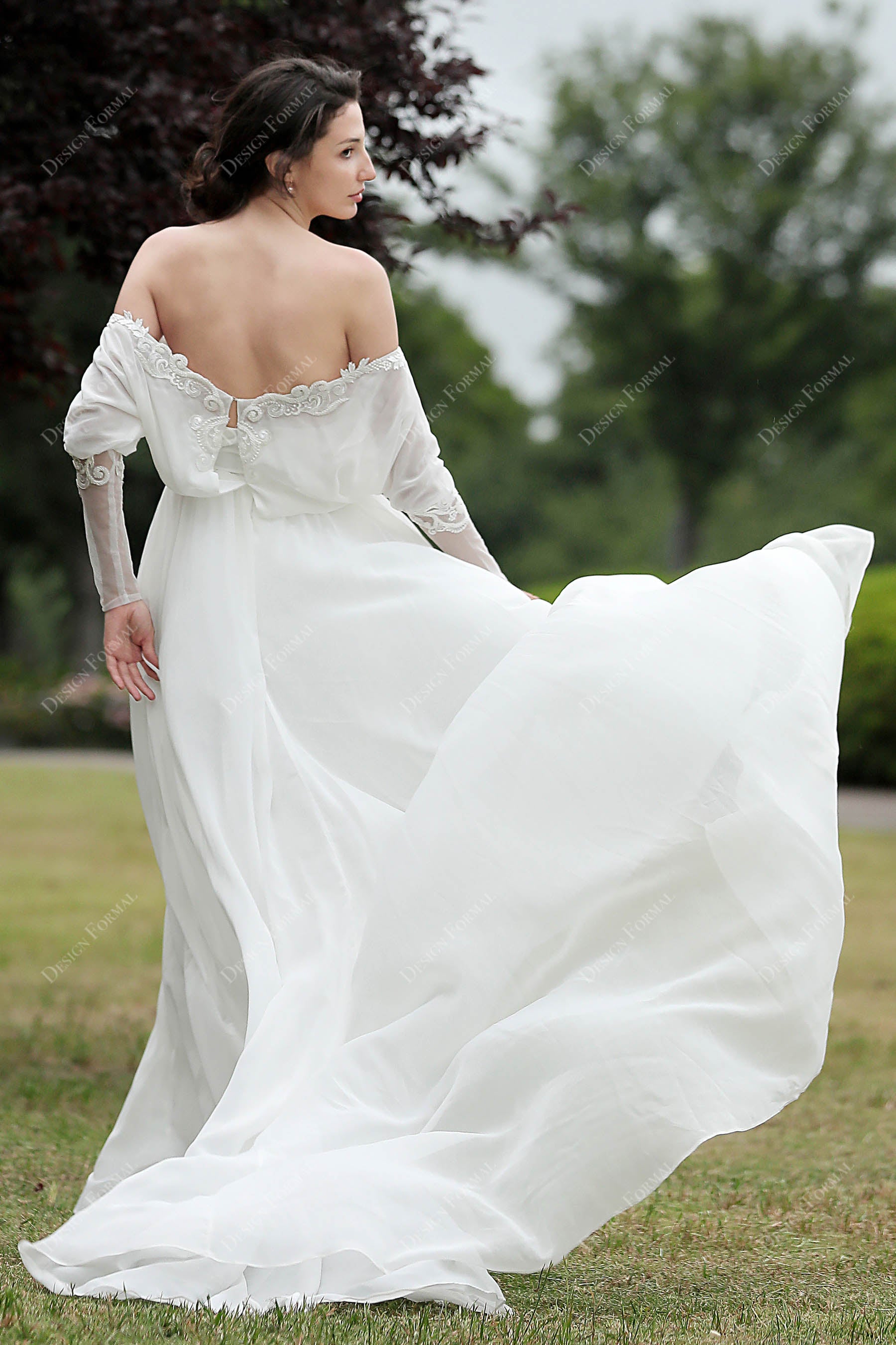 Off-shouler A-line Chiffon Bridal Dress