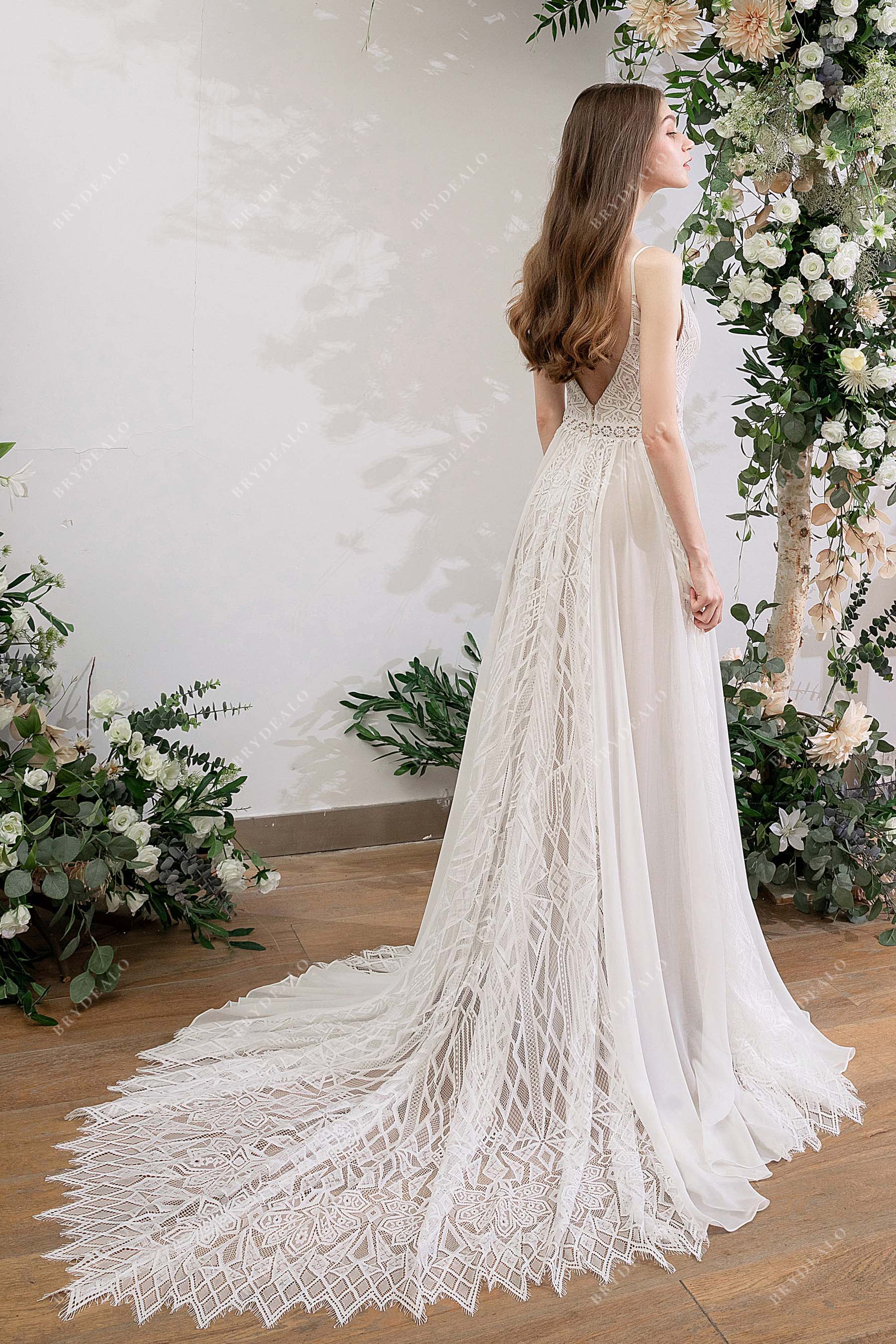 flowy long train lace chiffon summer bridal gown