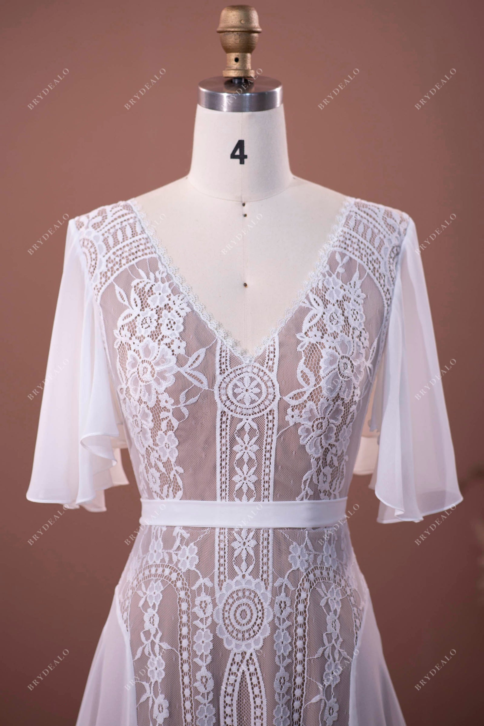 Flutter Sleeve Lace Chiffon Boho A-line Summer Nude Beige Wedding Dress