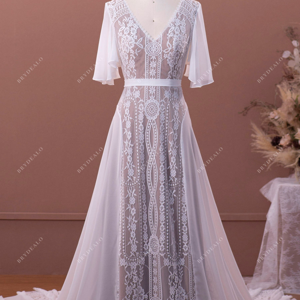 Flutter Sleeve Lace Chiffon Boho A-line Summer Nude Beige Wedding Dress