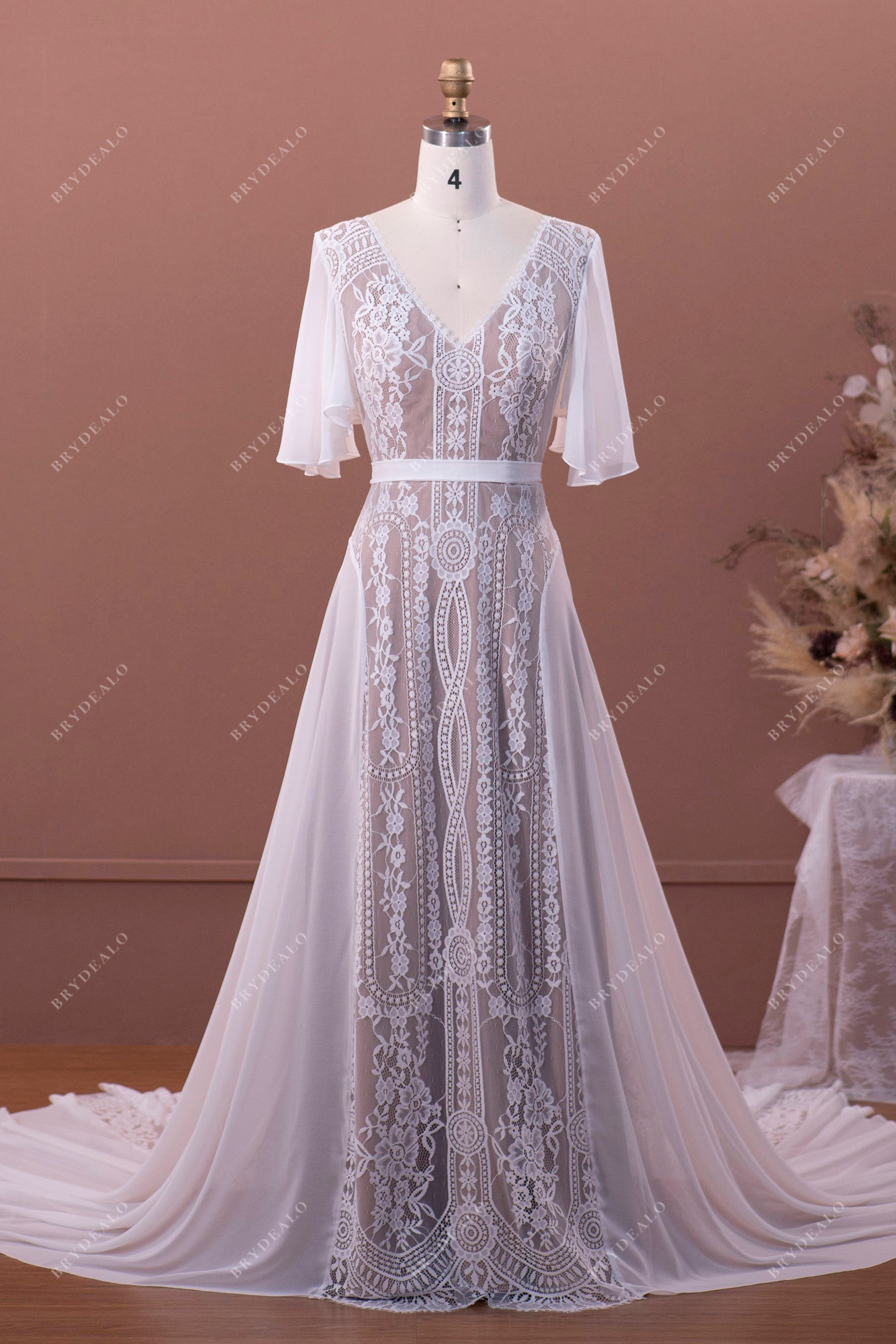 Flutter Sleeve V-neck Lace  Boho A-line Summer Wedding Dress
