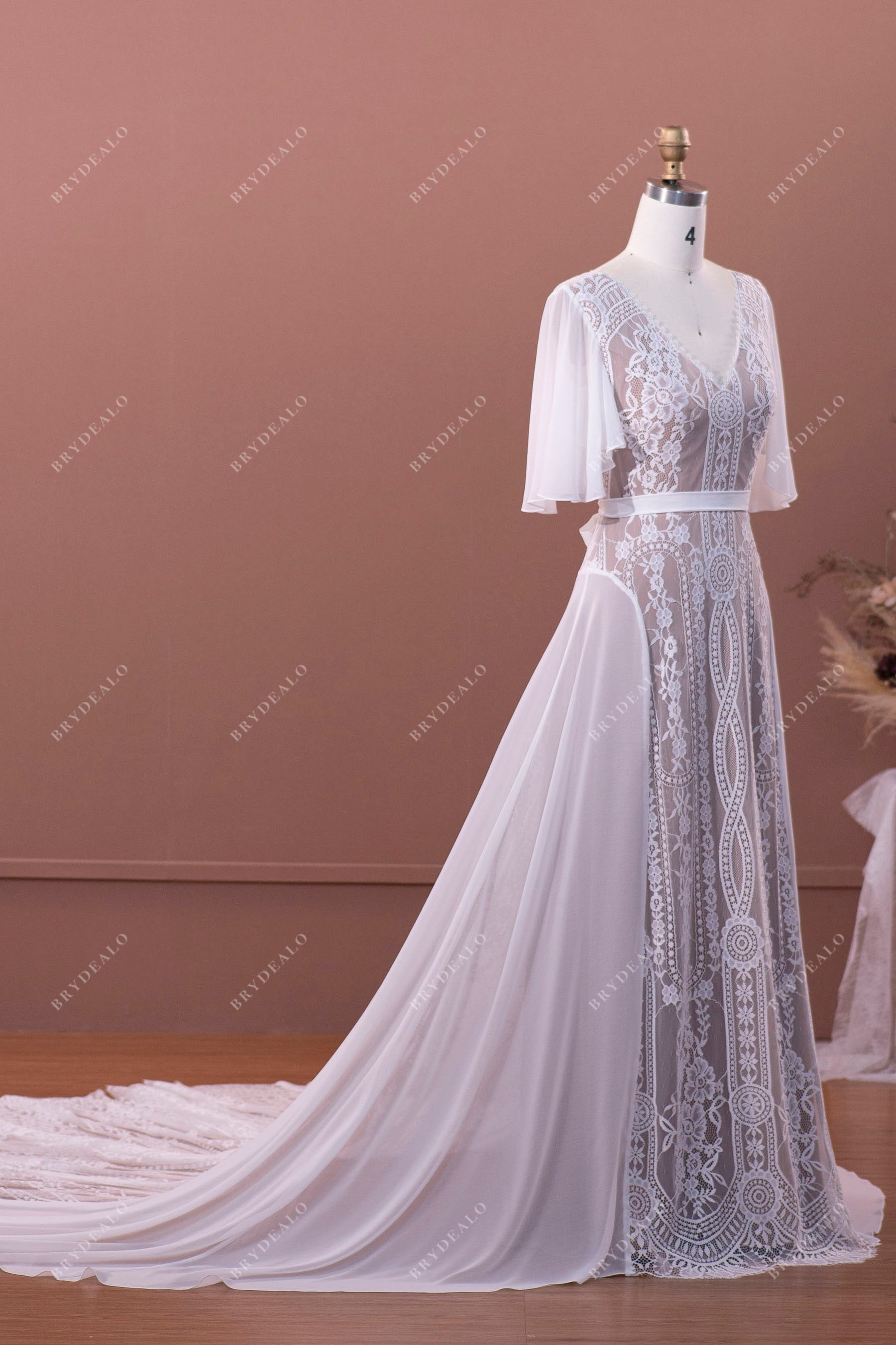 Flutter Sleeve A-line Lae Chiffon Summer Wedding Dress