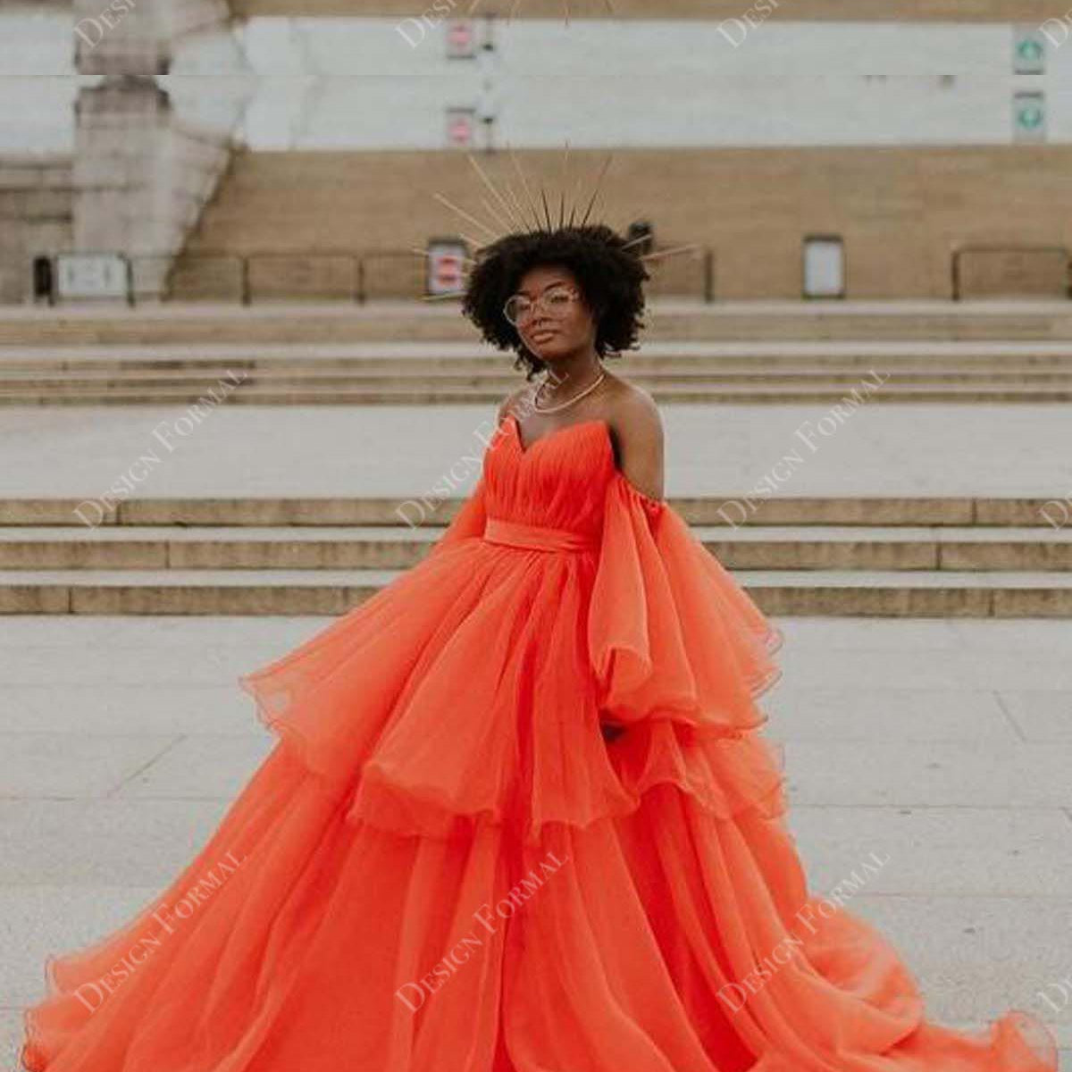 orange tulle dress Orange Organza Off-shoulder Prom Custom Ball Gown Formal Dress