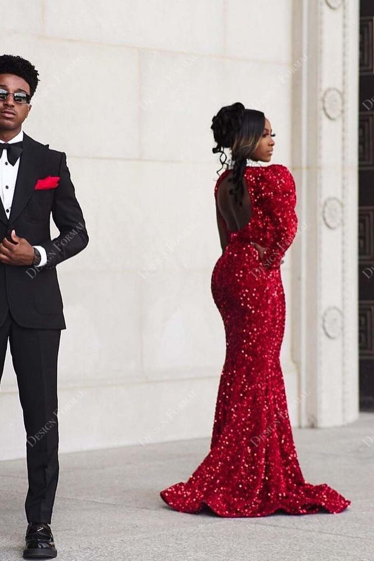 Red Sequin One Sleeve Halter Slit Mermaid Designer Prom Gown