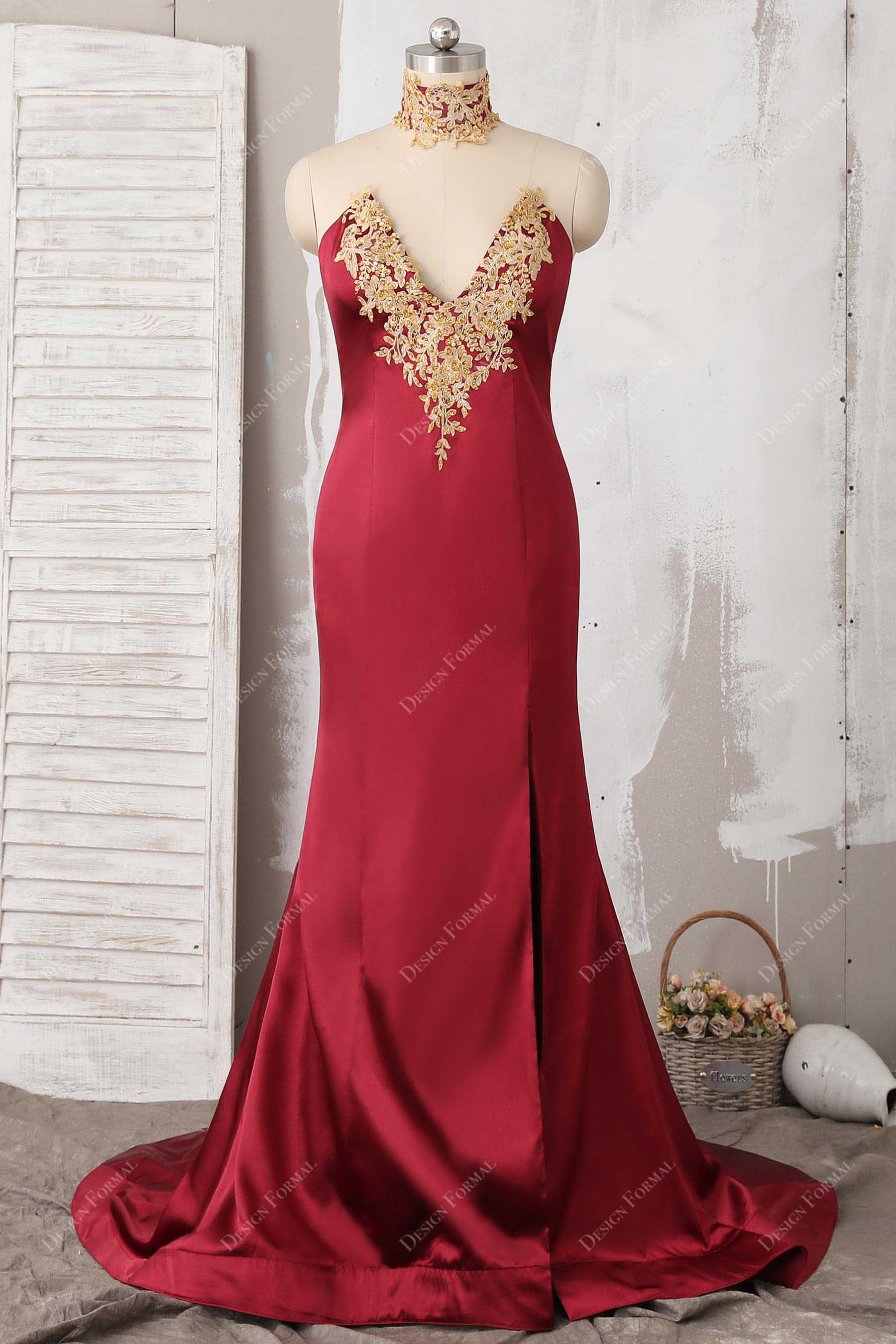 gold applique burgundy satin mermaid prom dress