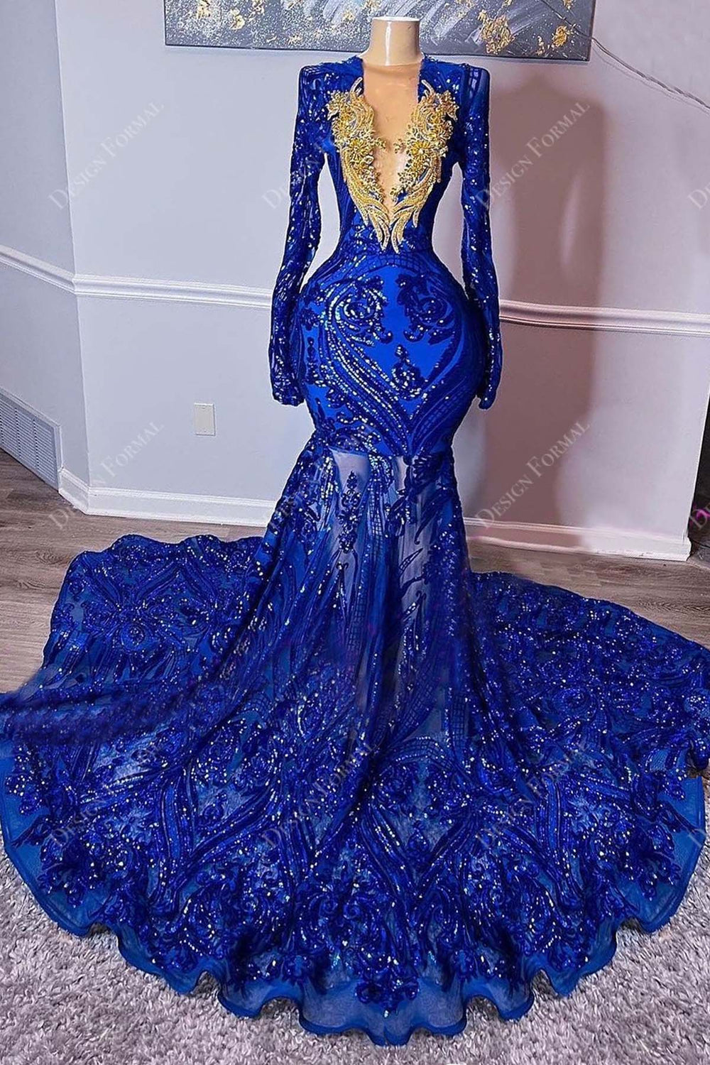 Gold Beaded Royal Blue Sequin Mermaid Tailor Made Prom Dress