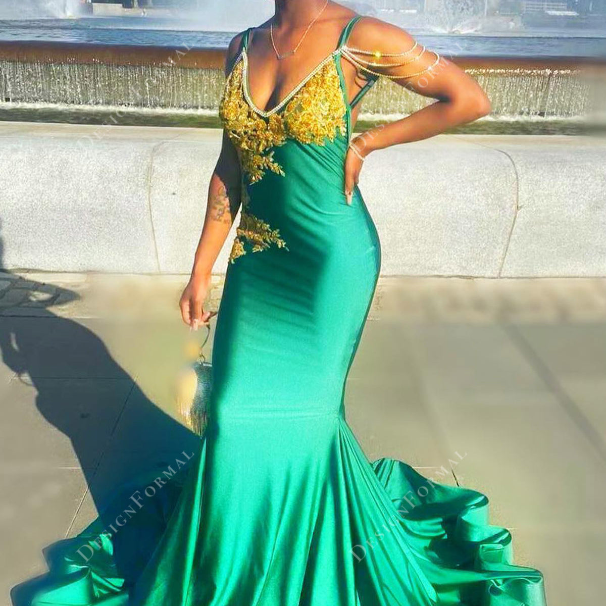 Green Jersey Gold Lace Spaghetti Straps Customized Prom Gown