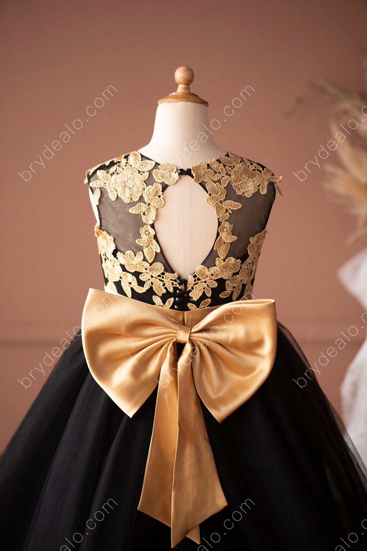 gold bownot-black flower girl ball gown for wedding