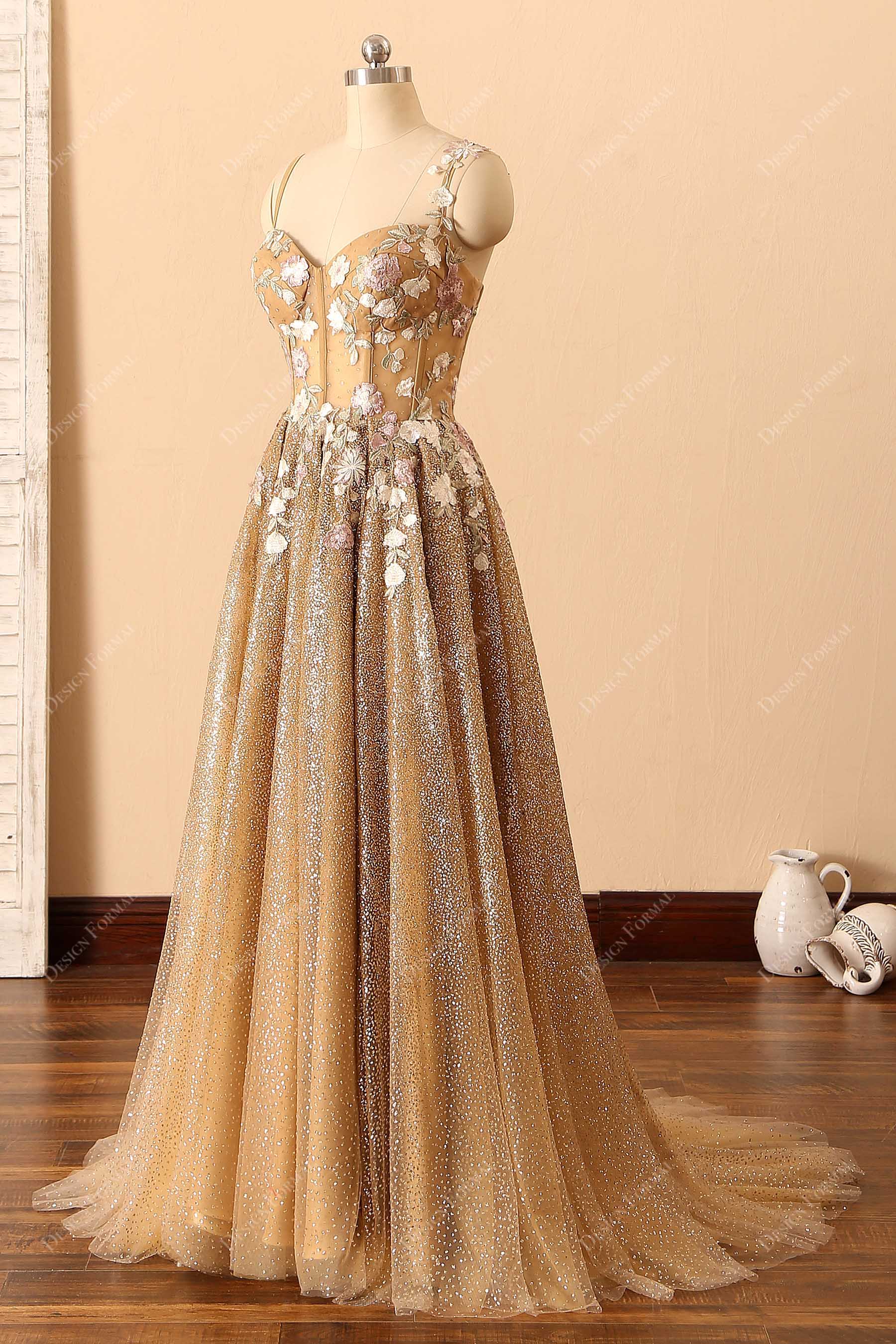 gold corset floral sleeveless prom dress