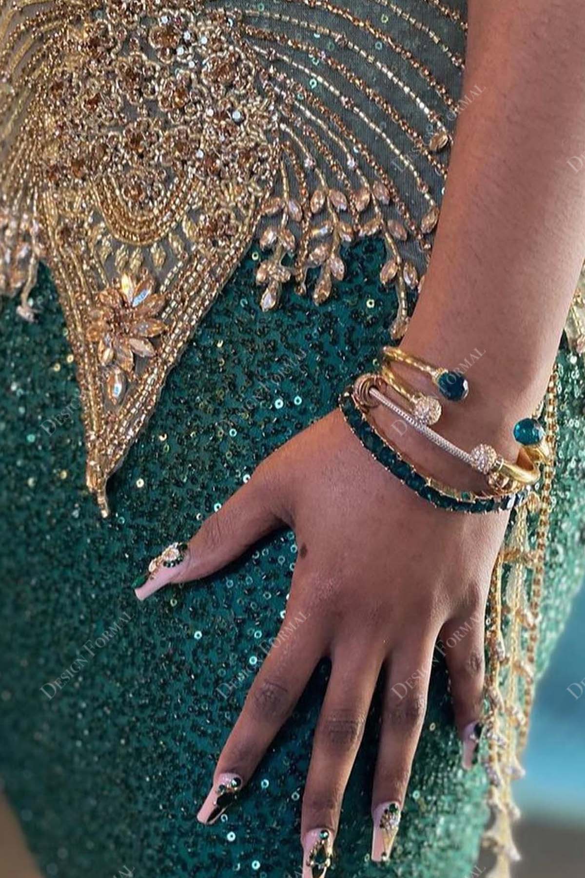 gold crystals emerald sequin prom dress