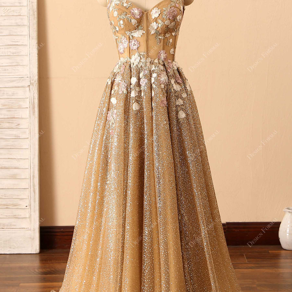 Gold Ombre Glitter Corset Embroidery Unique Long Prom Dress