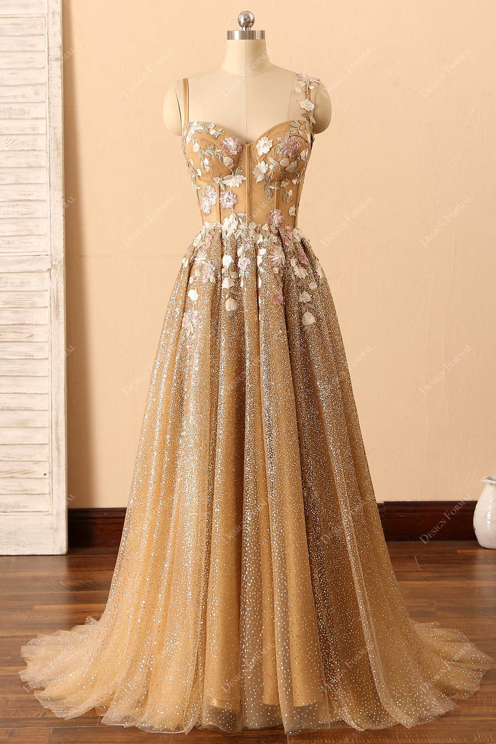 Gold Ombre Glitter Corset Embroidery Unique Long Prom Dress