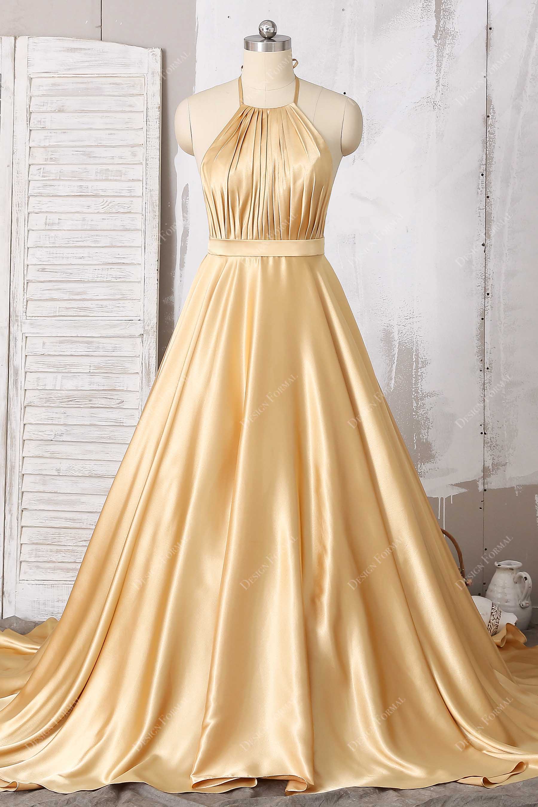 gold halter pleated charmeuse prom dress