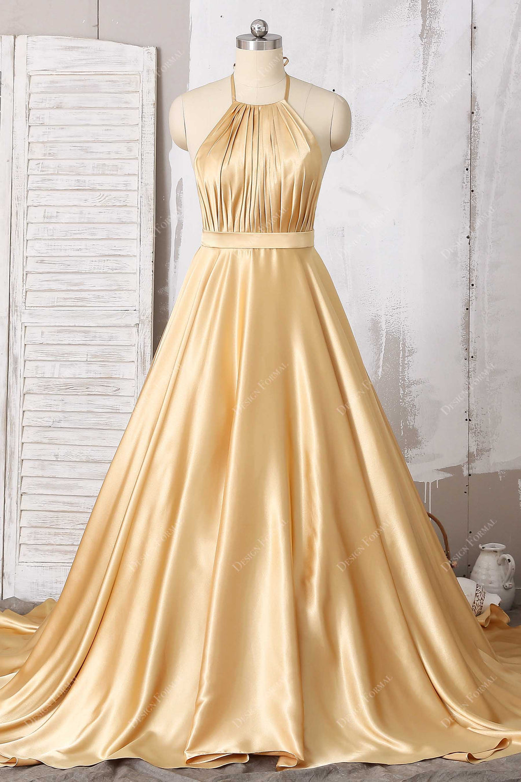 Gold Satin Pleated Halter Open Back Simple Prom Bridesmaid Dress