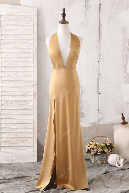 Gold Halter Neck Sexy Plunge Open Back Simple Evening Bridesmaid Dress