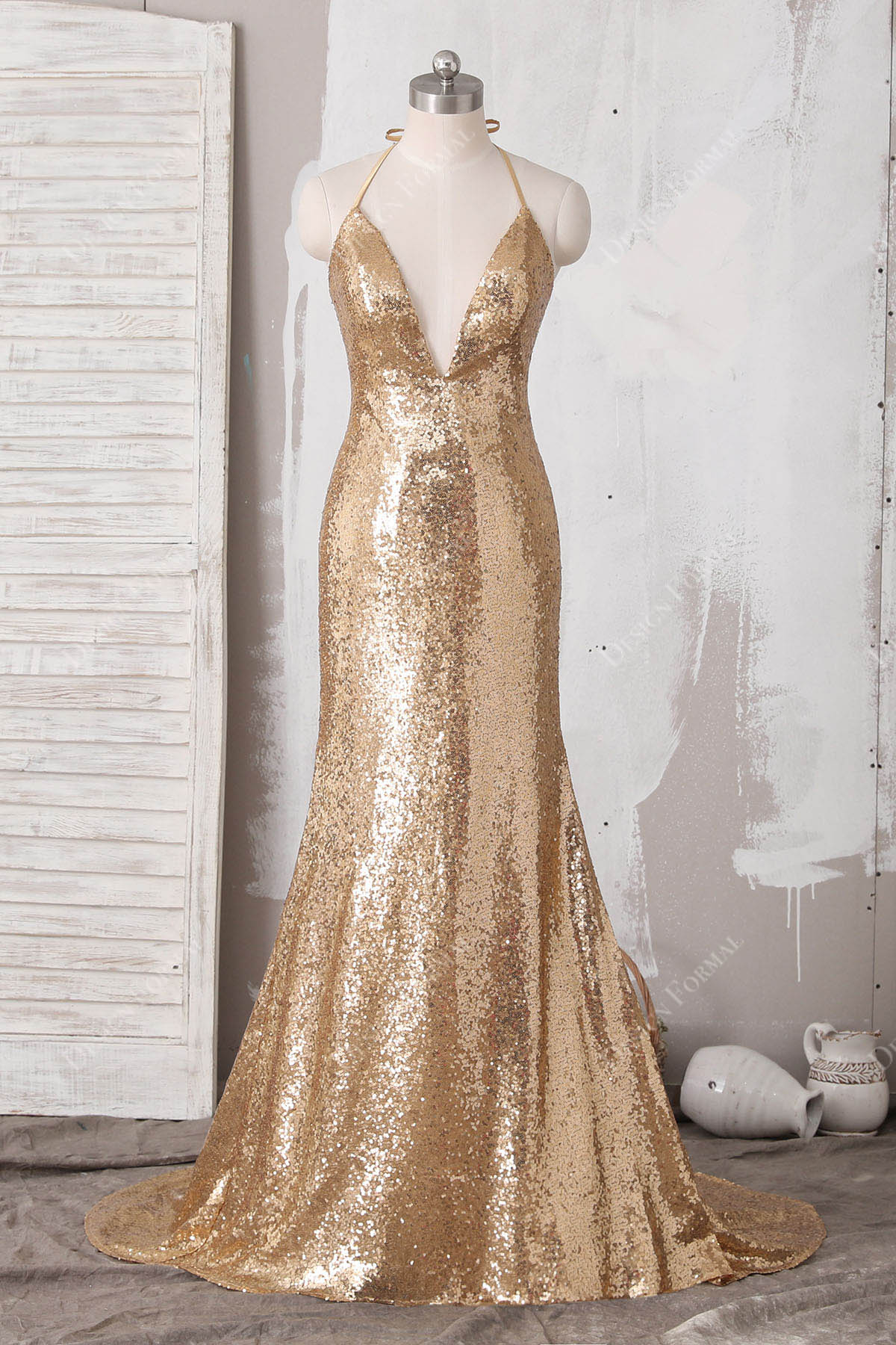 Gold Halter Thin strap Mermaid Sequin Prom Dress