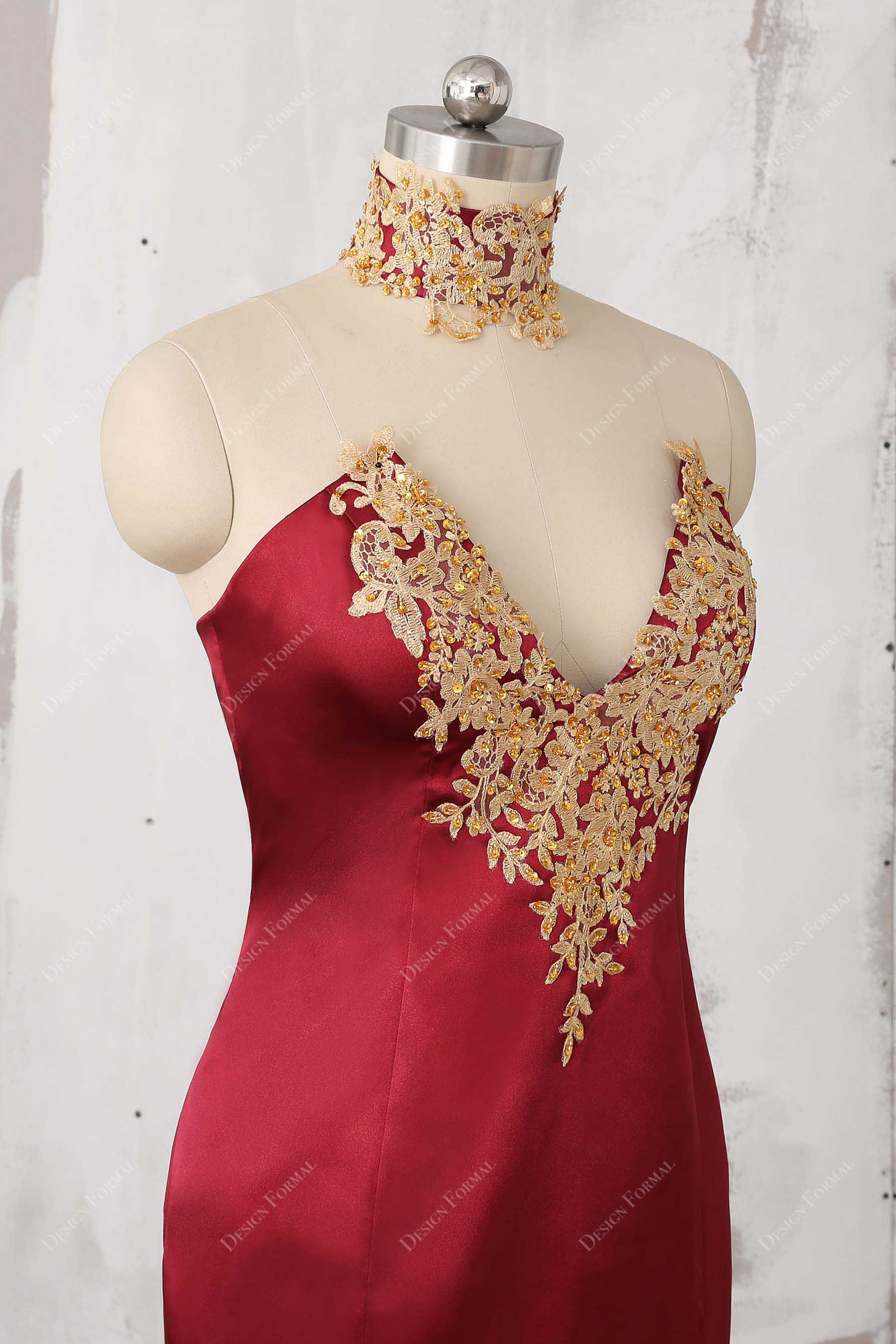 gold lace V-neck choker dress
