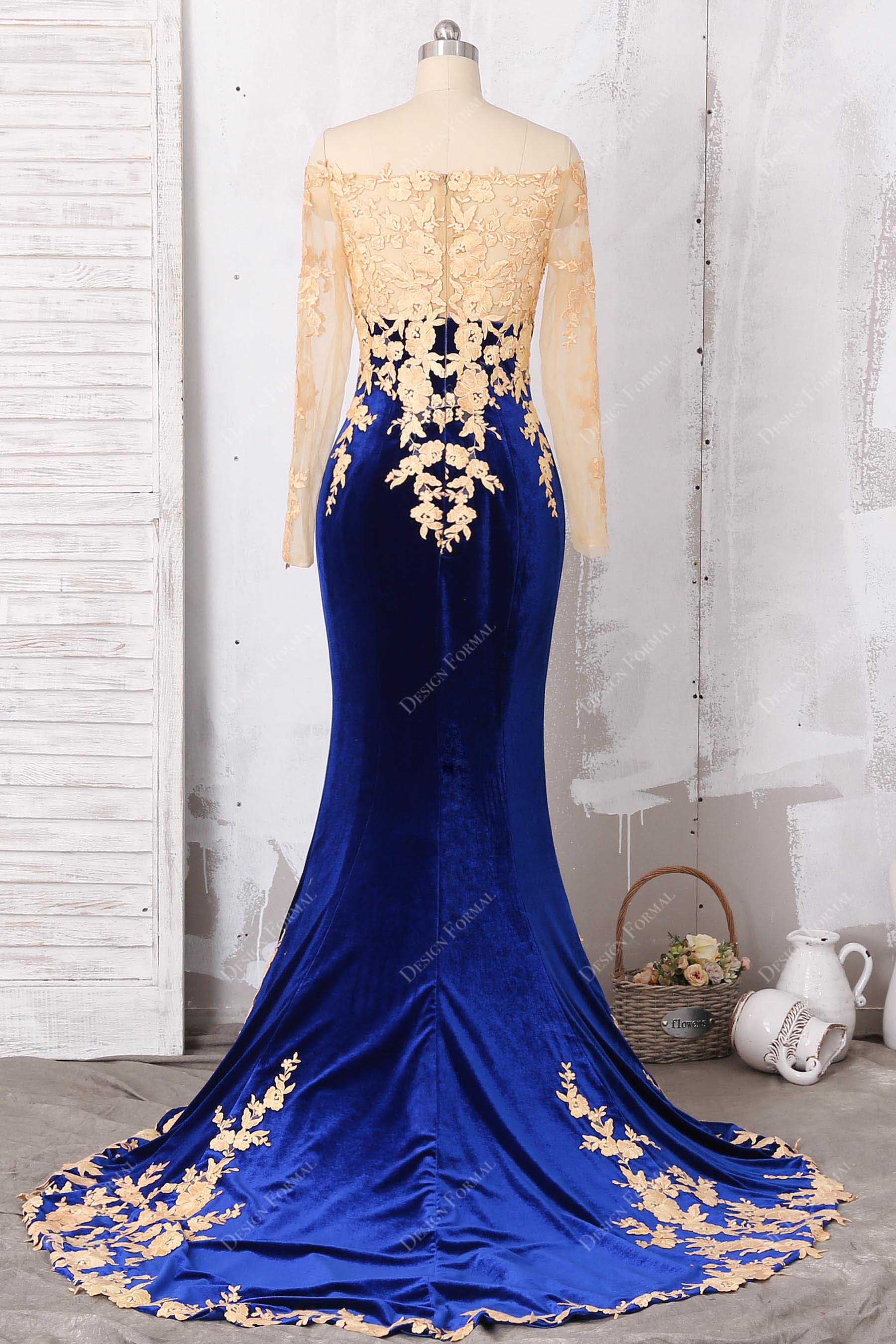 gold lace blue velvet mermaid dress 