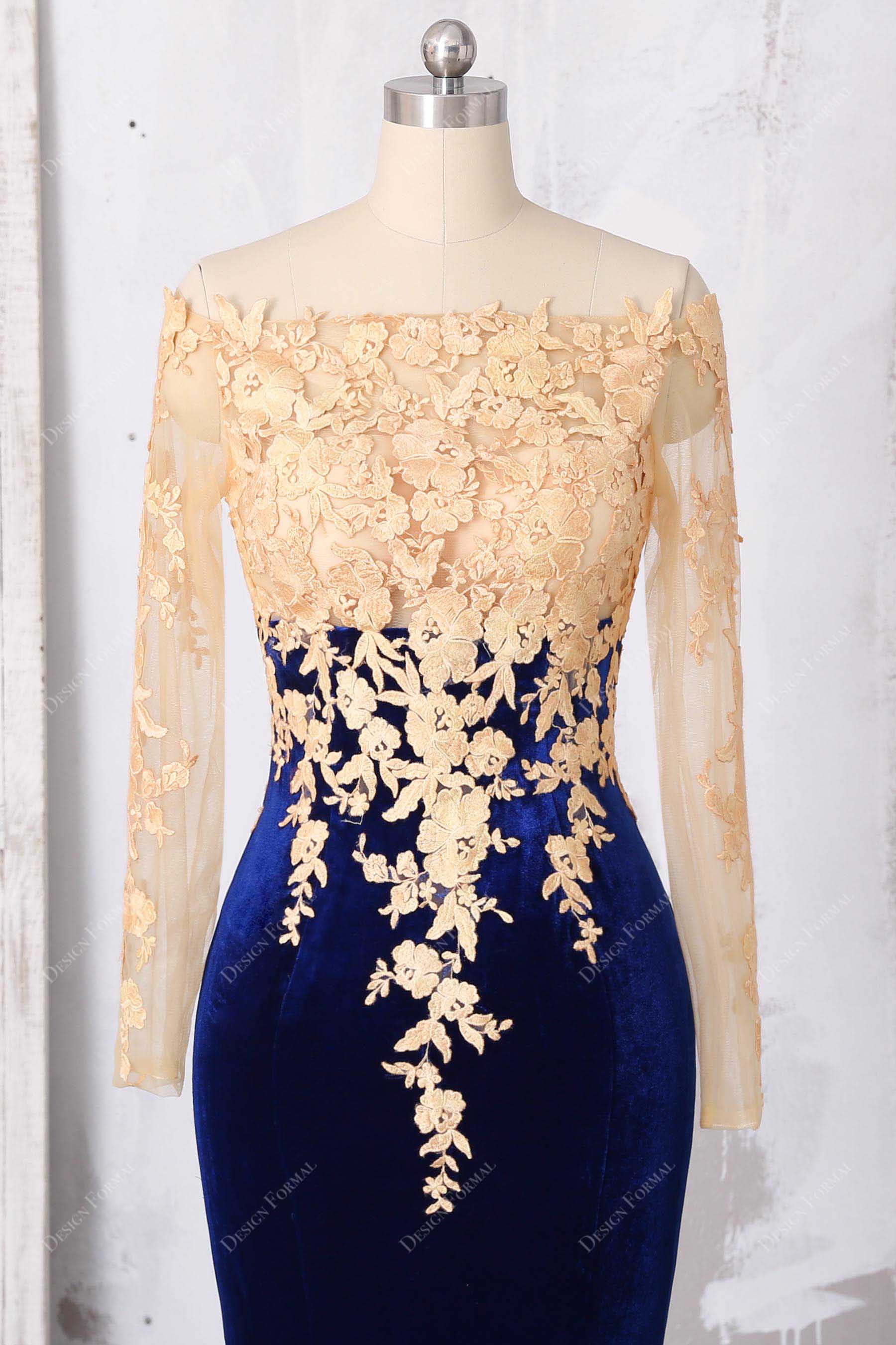 Gold Lace Royal Blue Velvet Sexy Off-shoulder Plus Size Mermaid Prom Dress