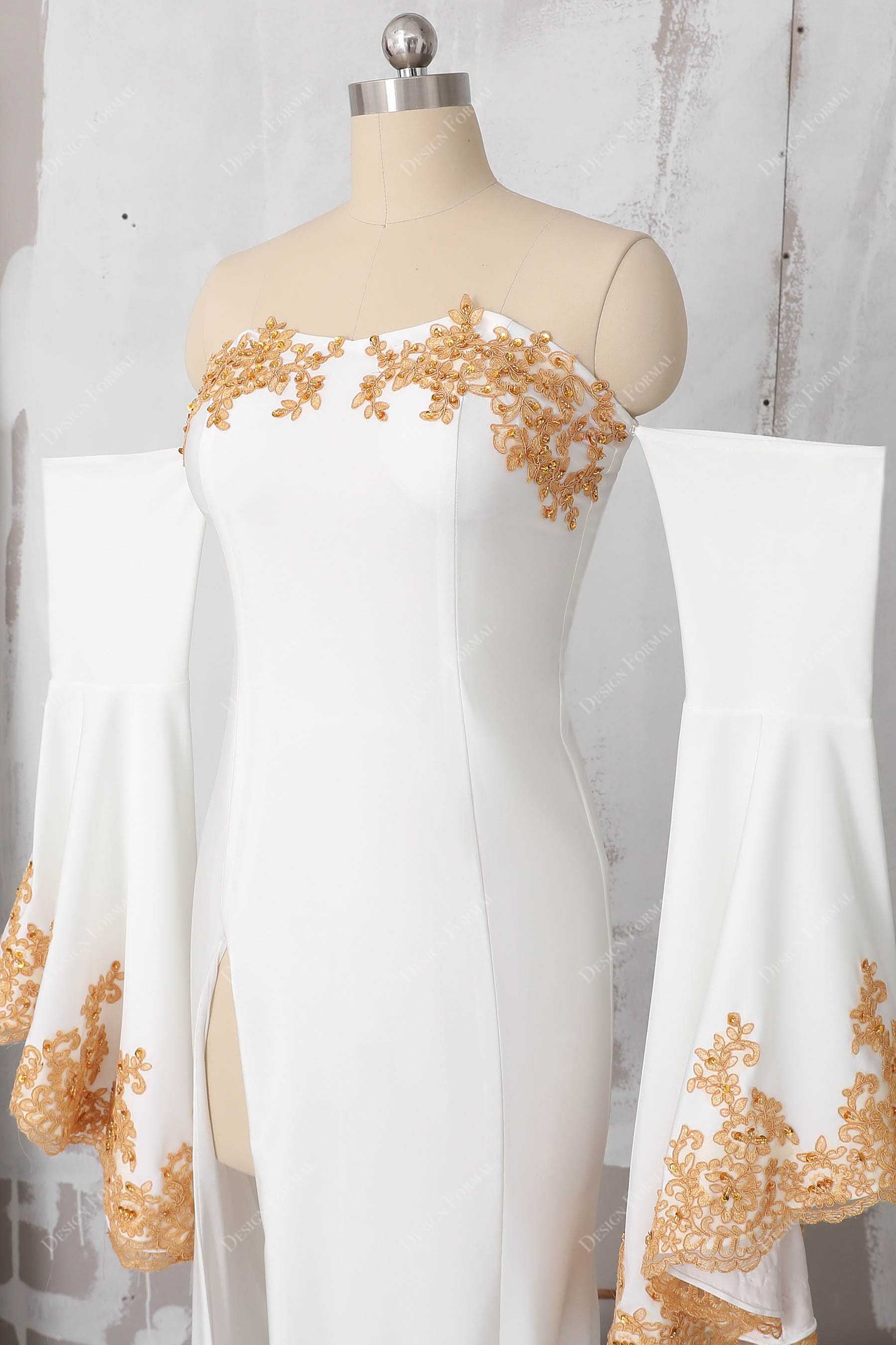 gold lace white jersey bell sleeves dress