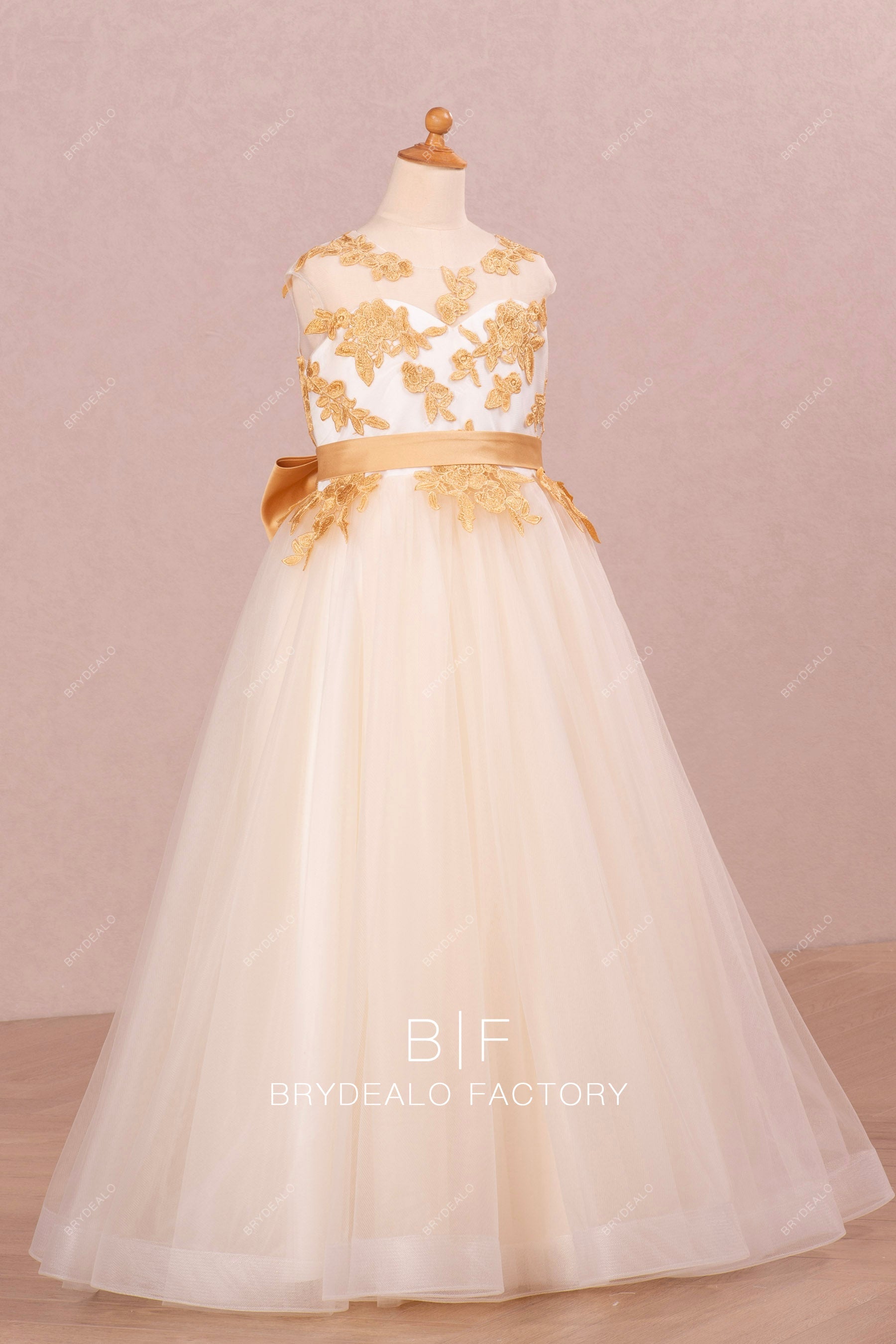 gold lace ivory tulle flower girl gown