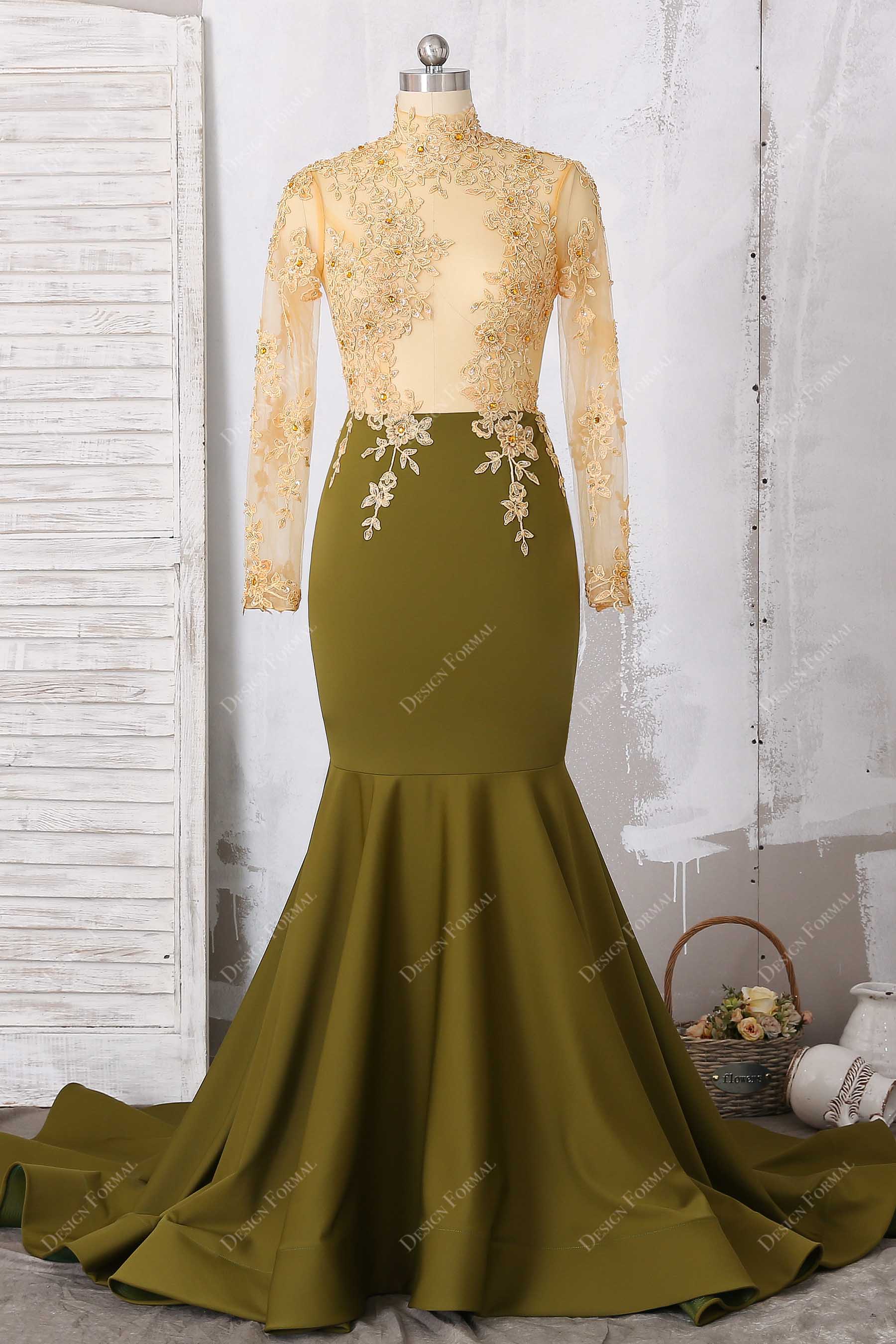 gold lace olive jersey mermaid prom dress