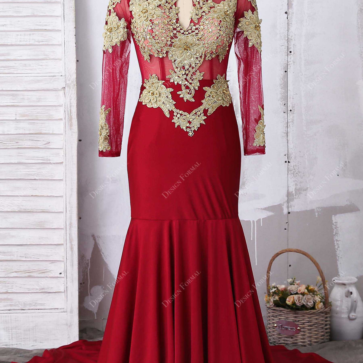 Gold Lace Red Jersey Turtle Neck Plus Size Sexy Open Back Mermaid Prom Dress
