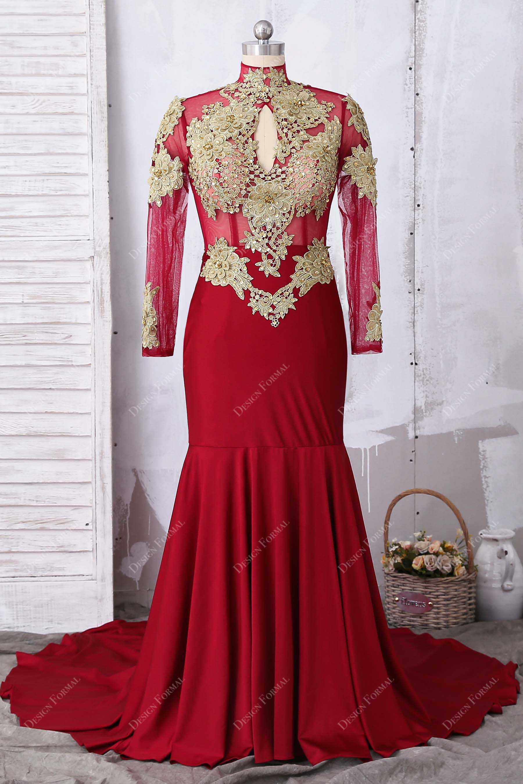 gold lace red jersey mermaid keyhole prom dress