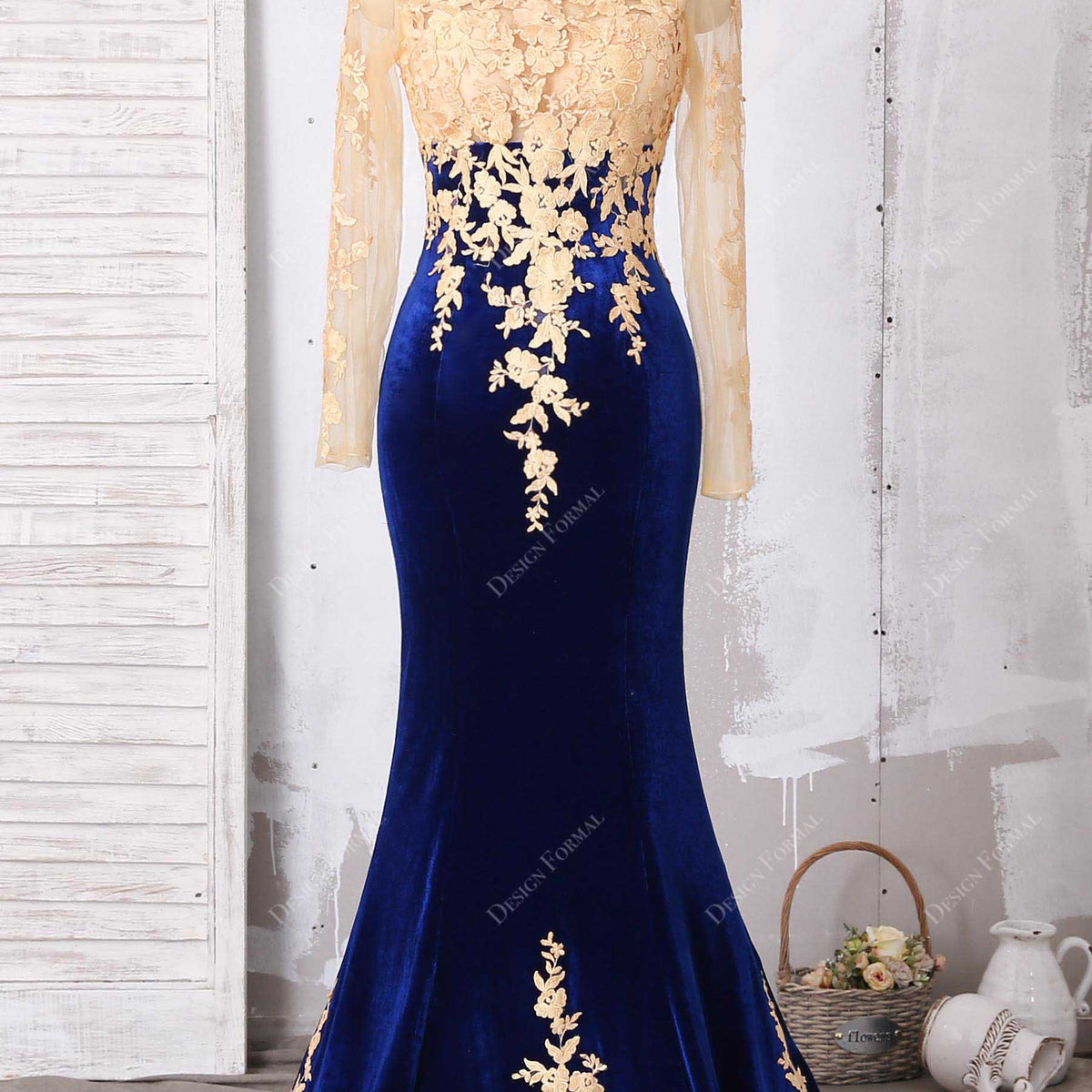 Gold Lace Royal Blue Velvet Sexy Off-shoulder Plus Size Mermaid Prom Dress