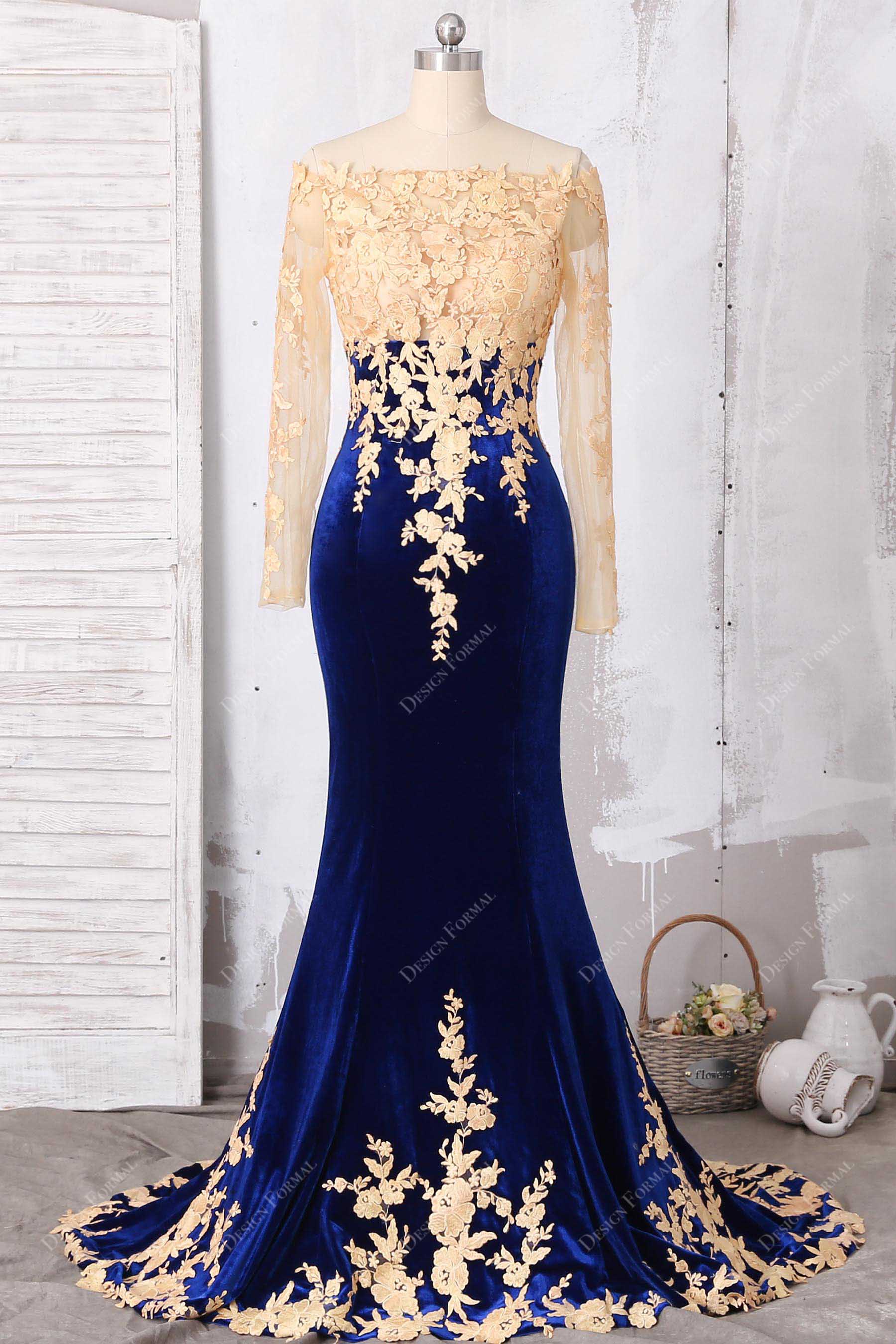 gold lace royal blue velvet dress