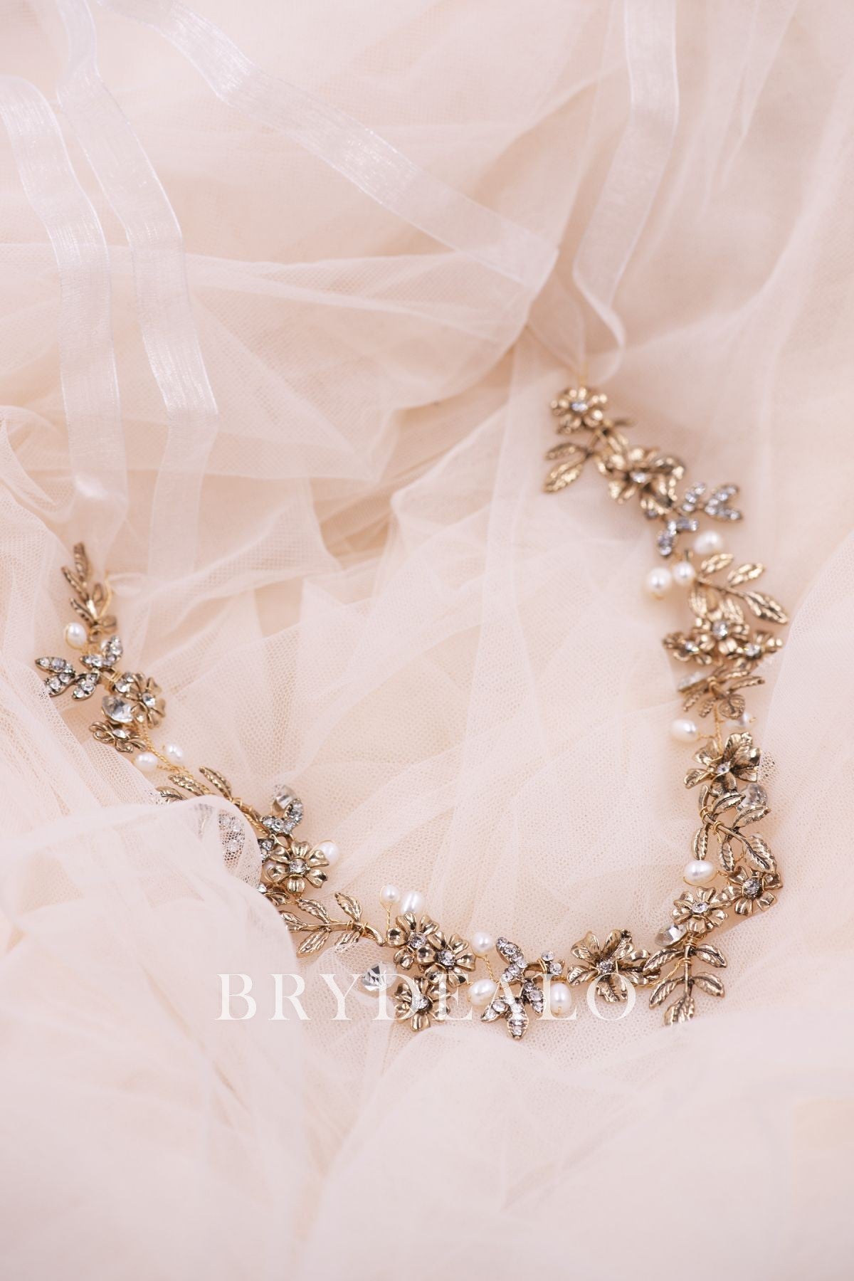 Princess Gold Leaf Pearls Rhinestones Bridal Wire Headband