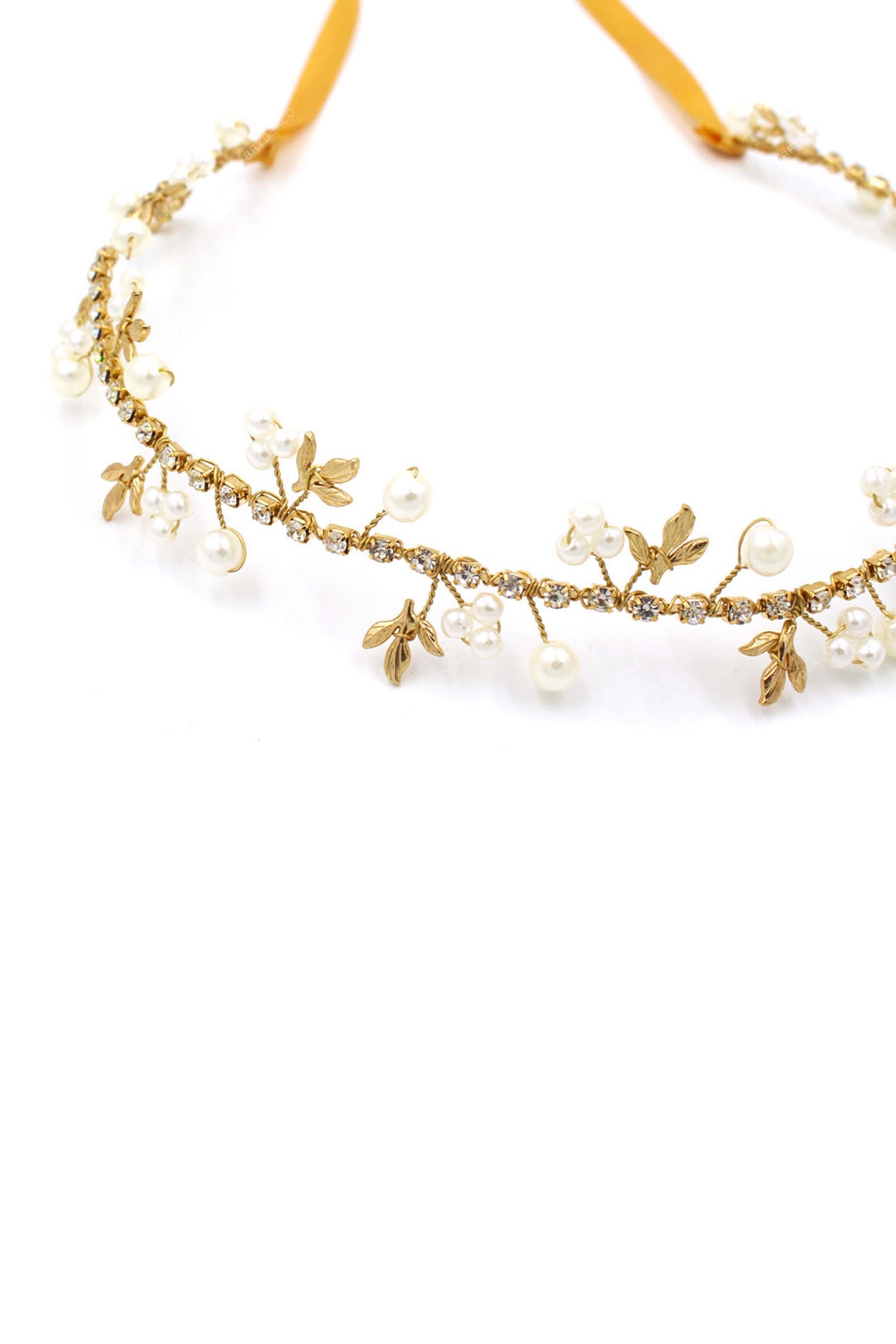 popular gold sash ivory pearls headband for wedding