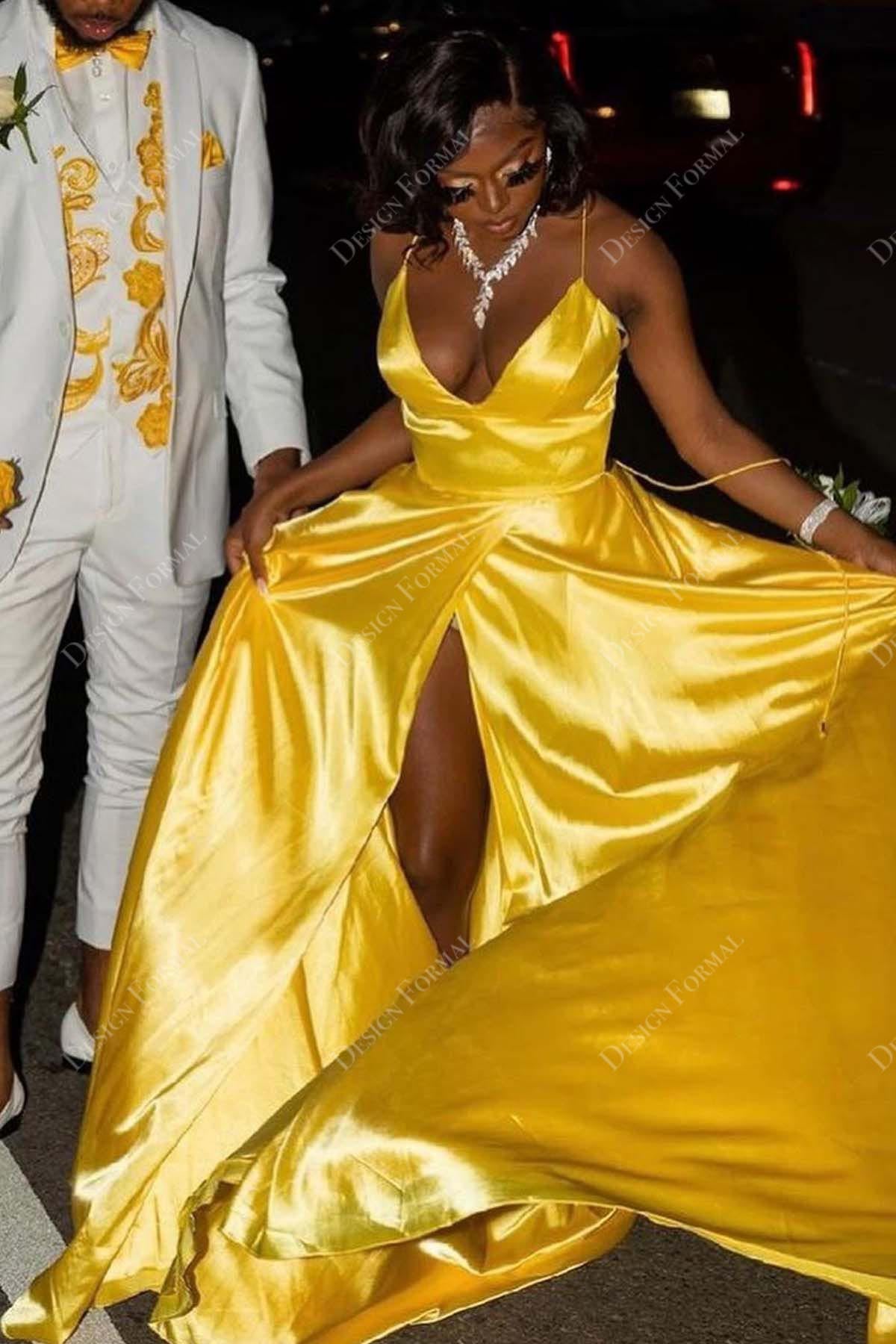 Gold Satin Halter Spaghetti Straps Slit A-line Prom Dress