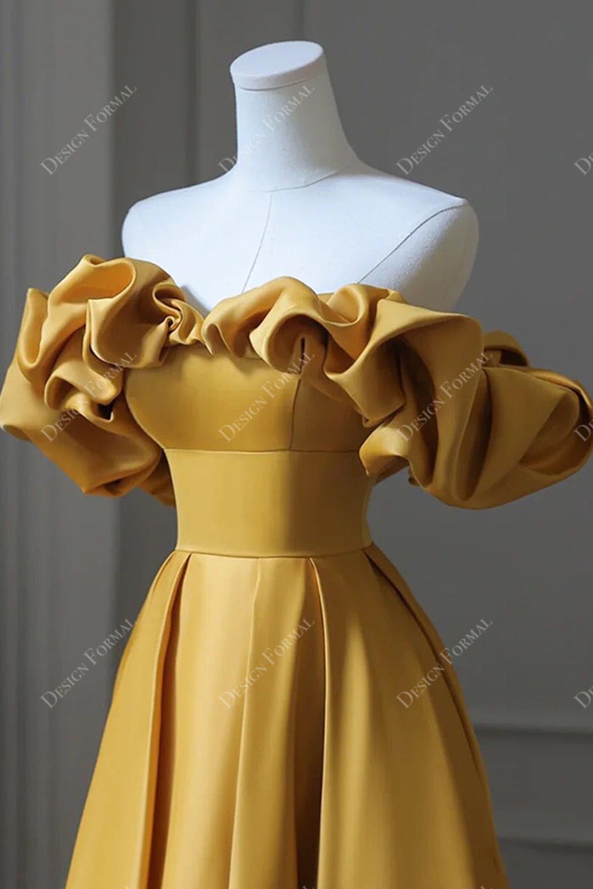 gold satin ruffled off shoulder formal dress