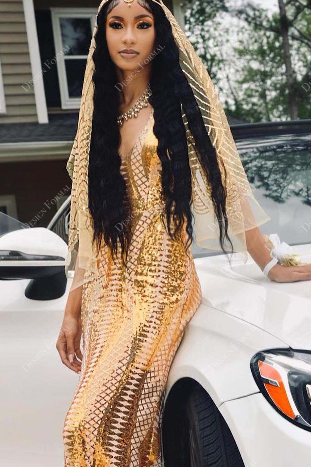 gold sequin V-neck mermaid prom dress