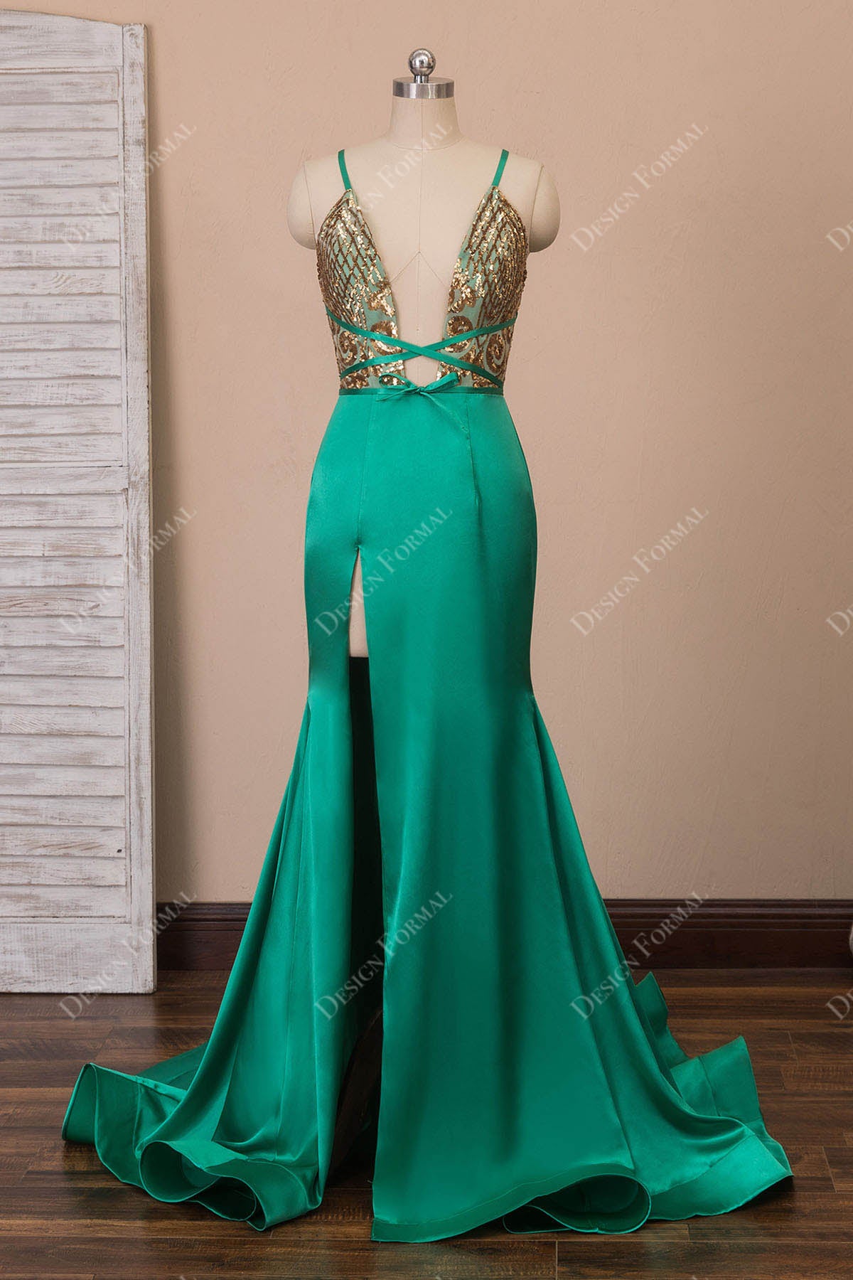 Gold Sequin Green Satin Plunging Slit Mermaid Prom Dress
