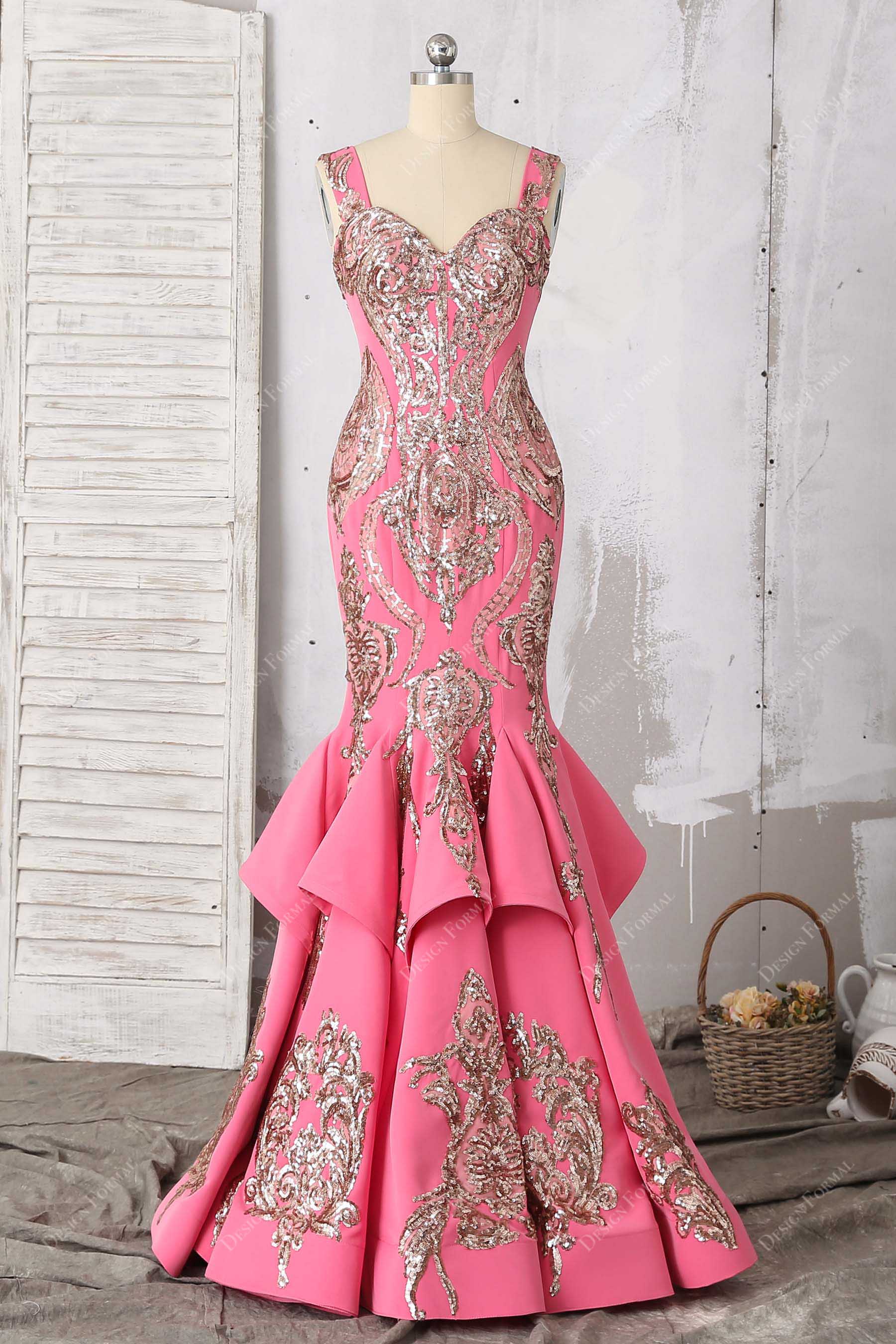gold sequin pink matte ruffled mermaid prom dress 