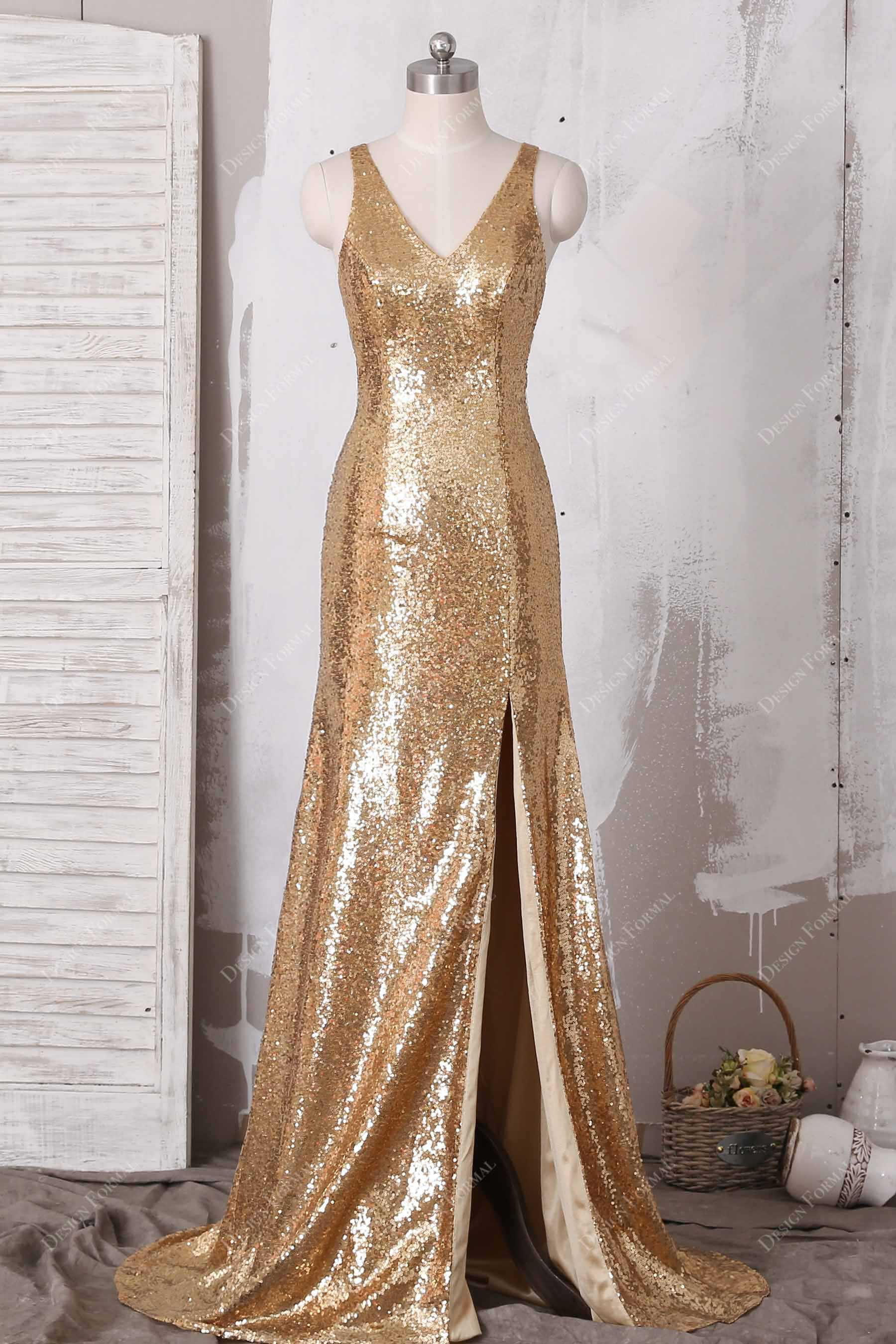 gold sequin slit prom dress