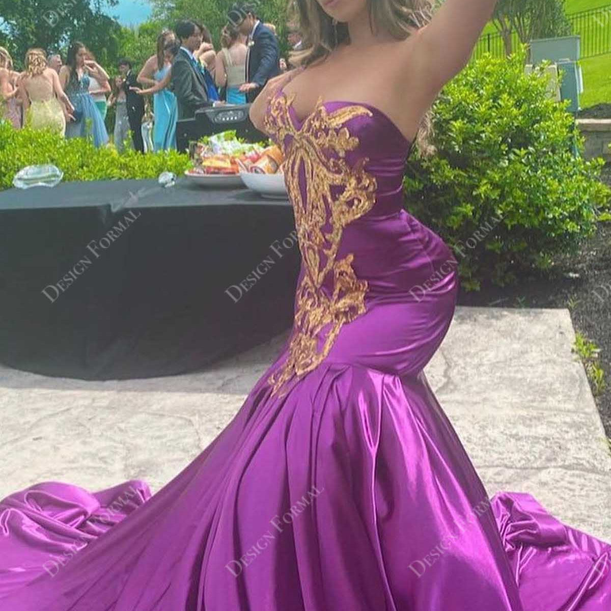 Fuchsia Satin Gold Sequins Crafted Strapless Trumpet Prom Gown