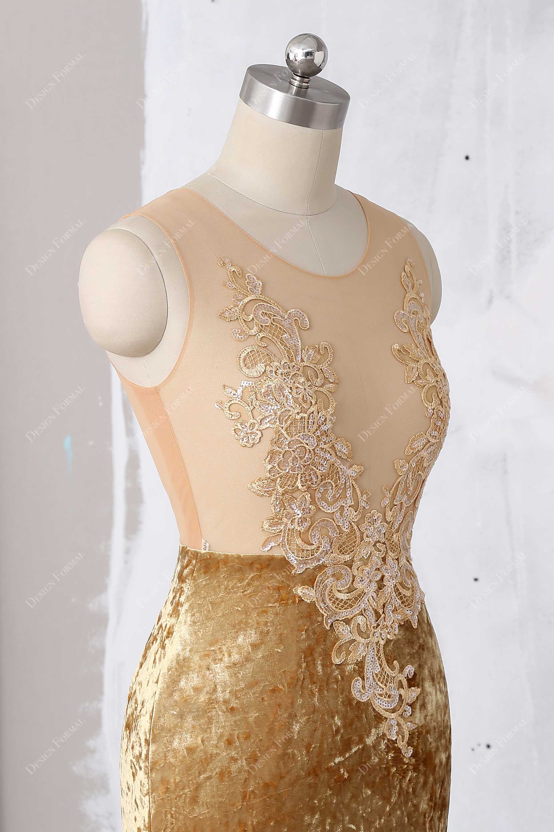 gold sheer appliqued tulle sleeveless prom dress