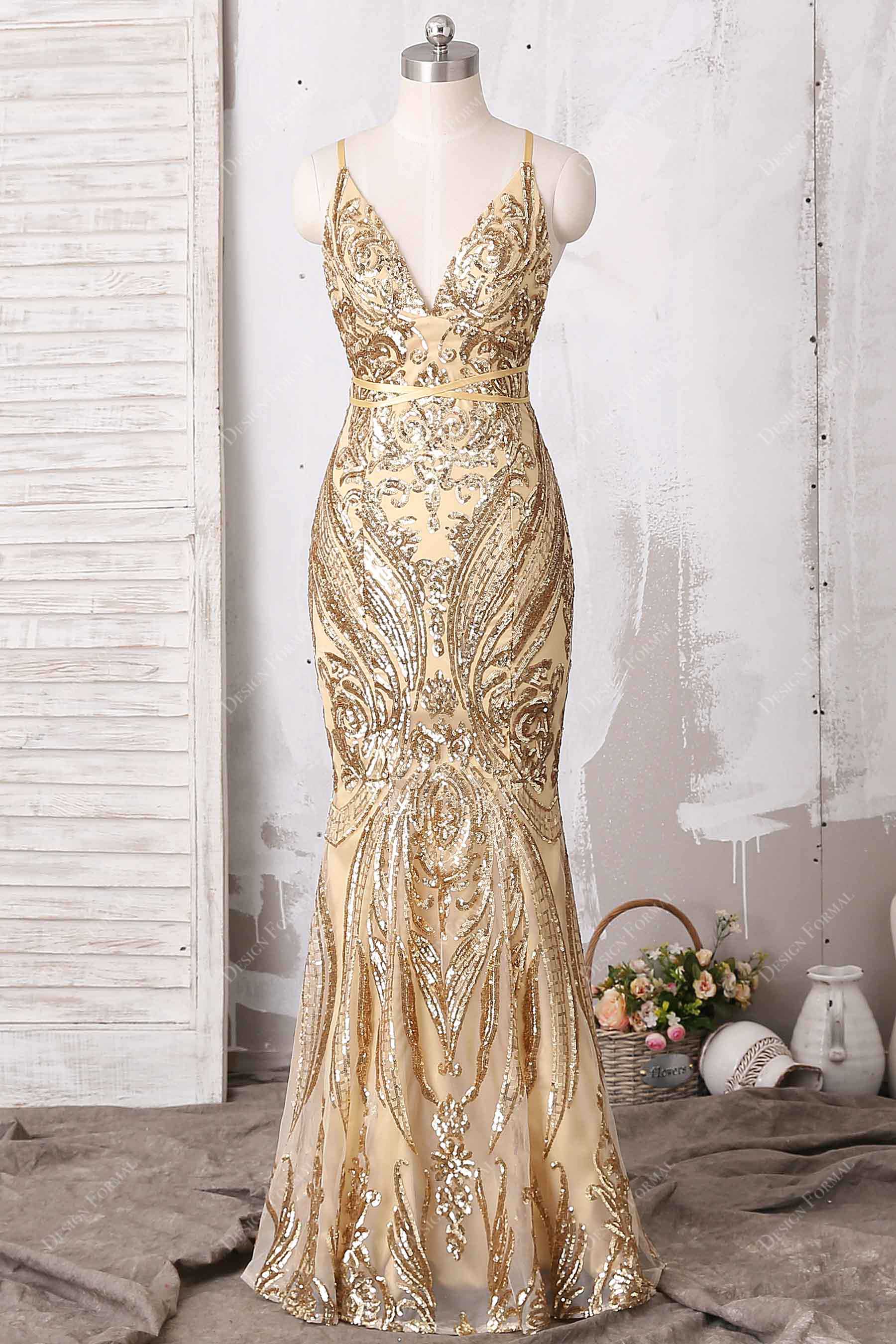 gold sequin plunging mermaid prom dress
