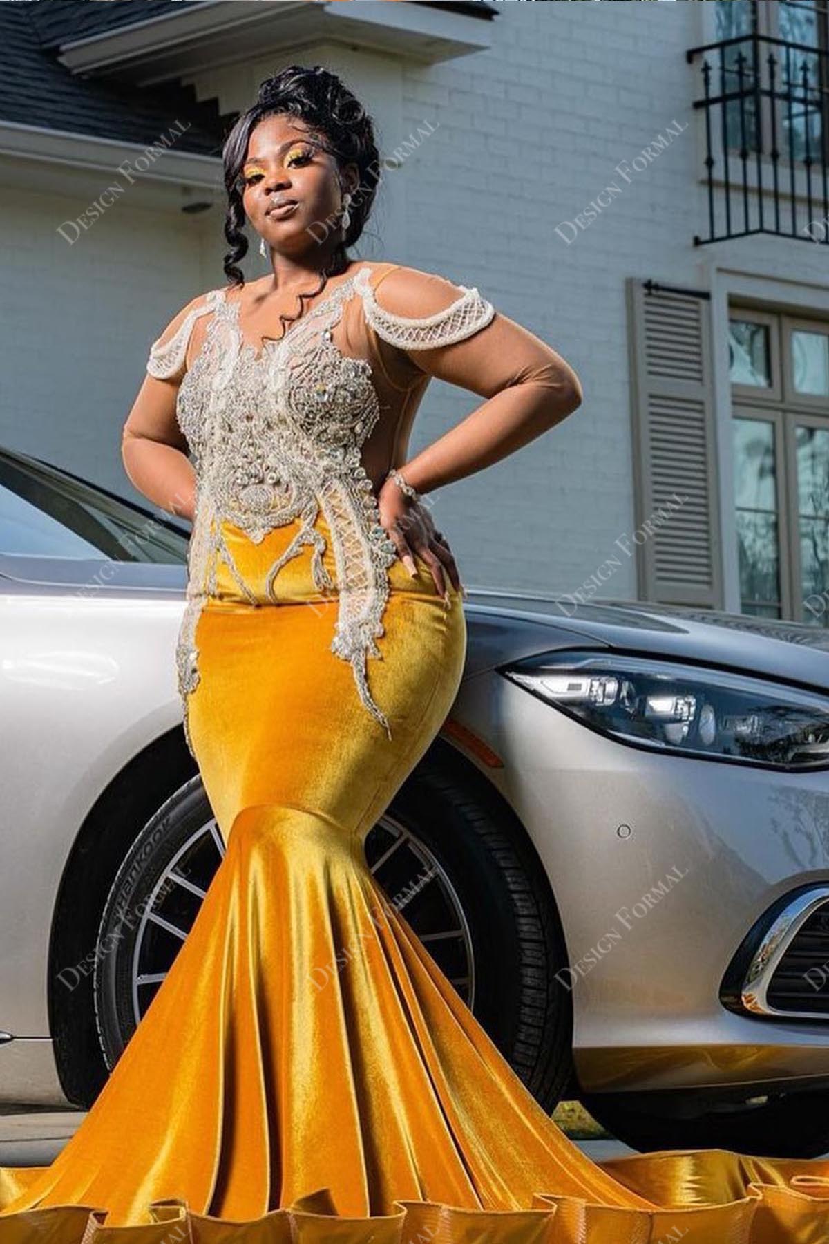 gold velvet crystals mermaid ruffled train prom dress