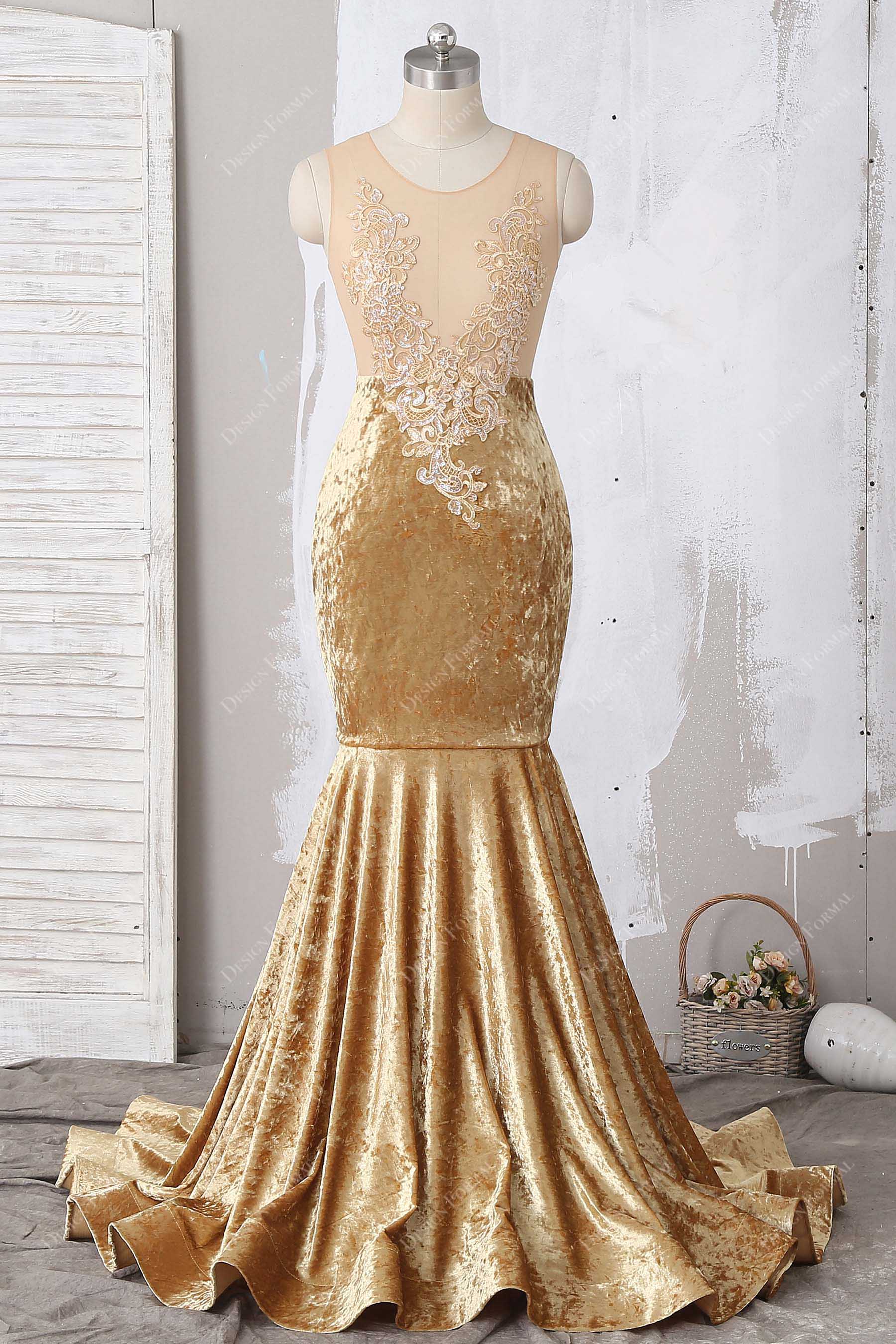 gold velvet mermaid sheer appliqued tulle prom dress