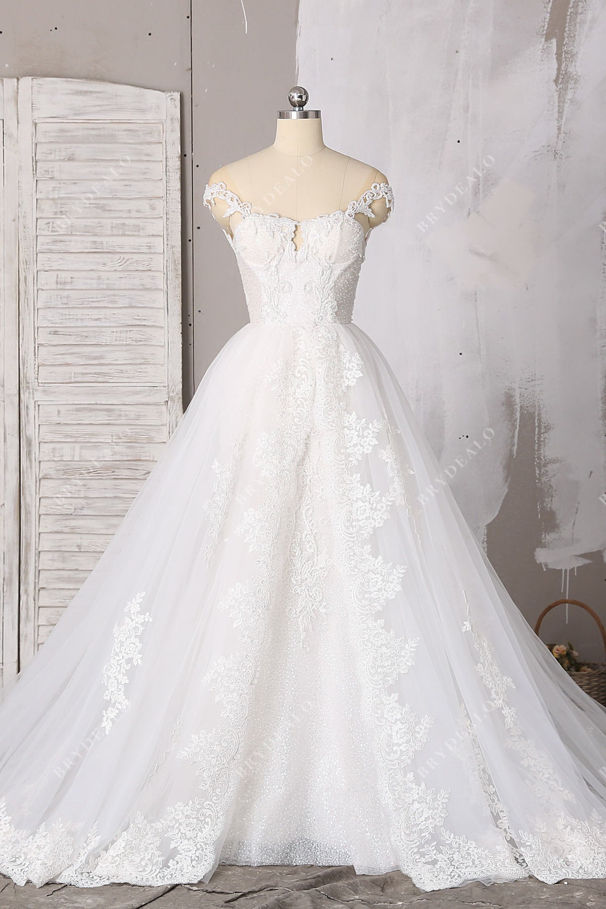 Gorgeous Off Shoulder Trumpet Bridal Dress with Overskirt