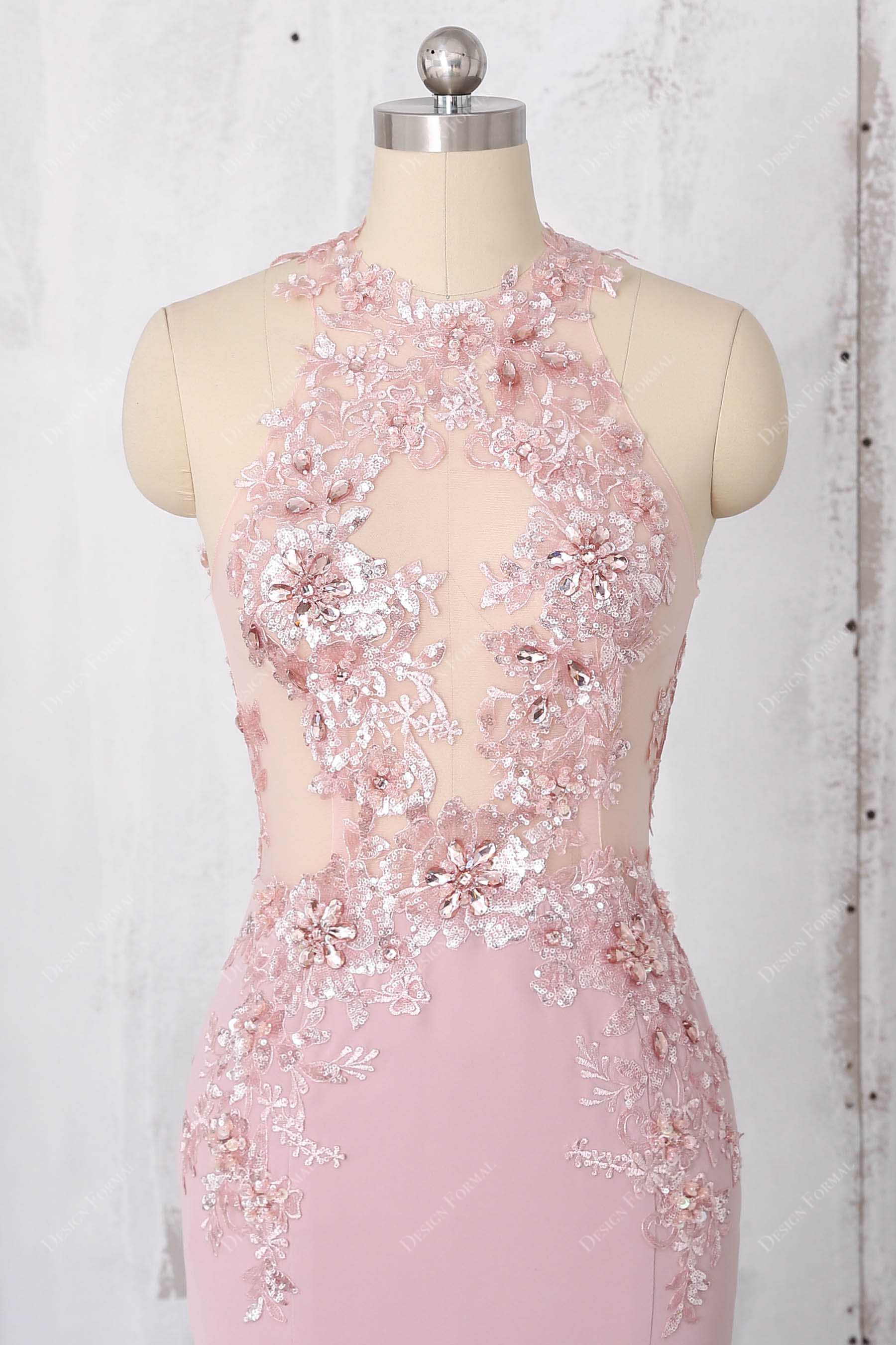 gorgeous sequined lace halter prom dress