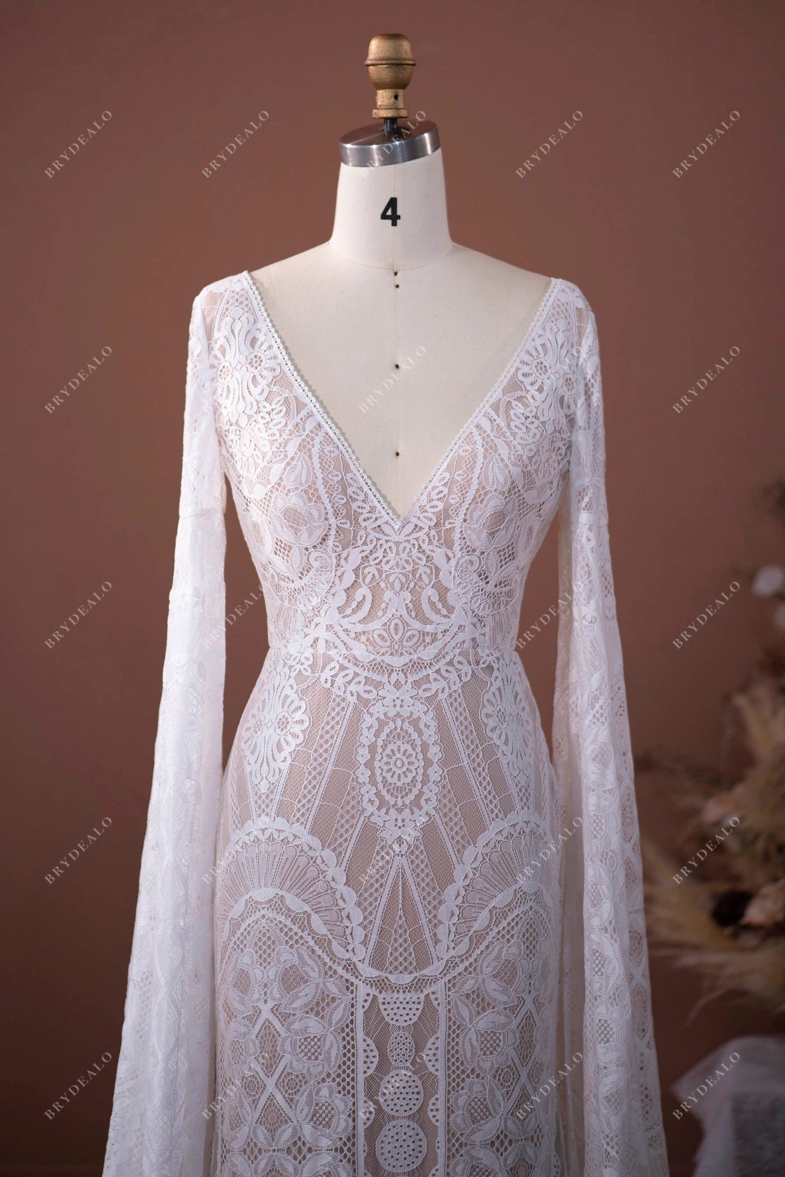 Super Long Sleeve Boho Lace V-neck Fit and Flare Oyster Wedding Gown