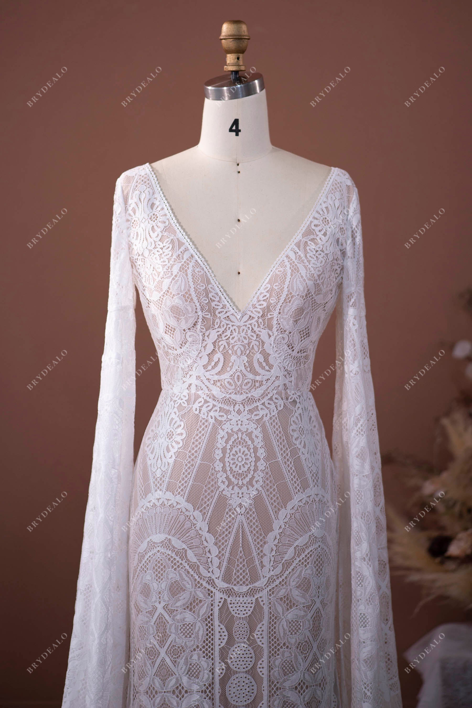 Designer Boho Sleeved Lace Oyster Wedding Dress with Nude Slip