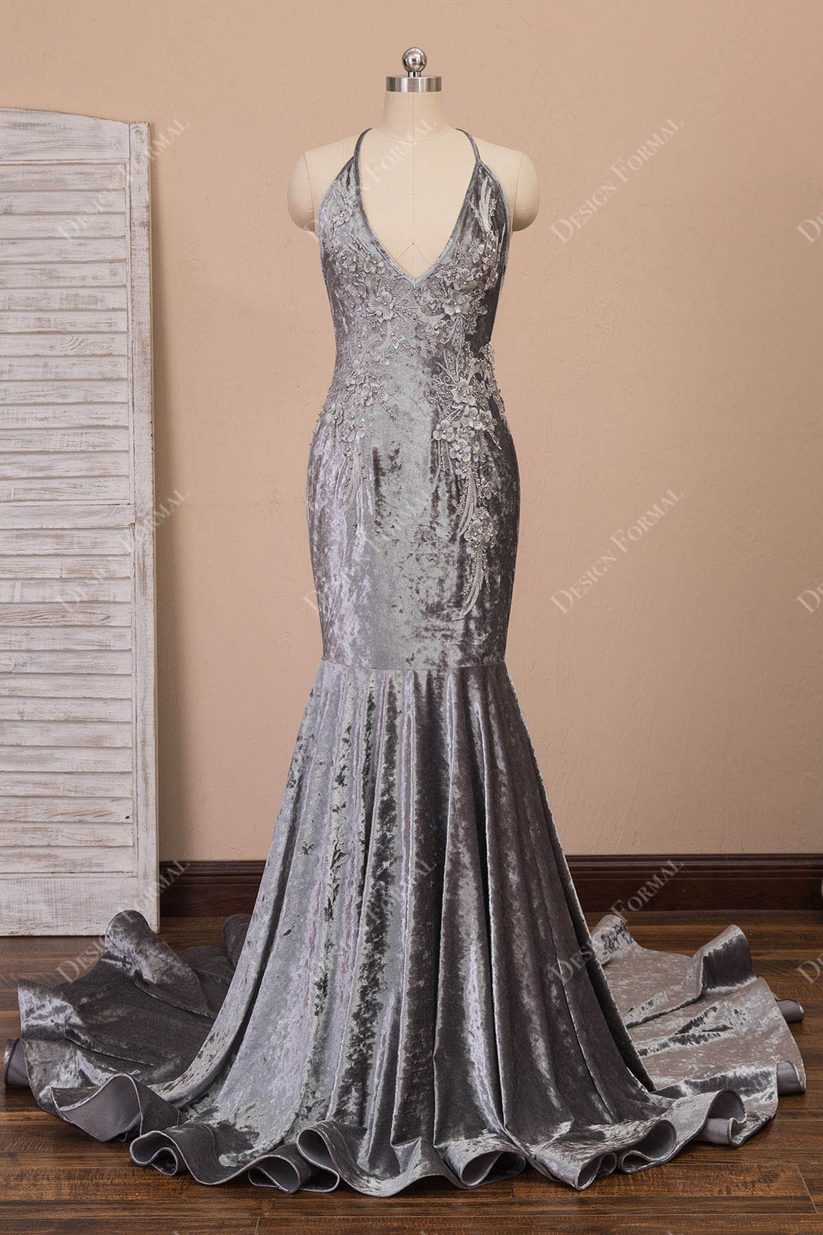 Grey Velvet Pearls Flowers Halter Mermaid Prom Dress