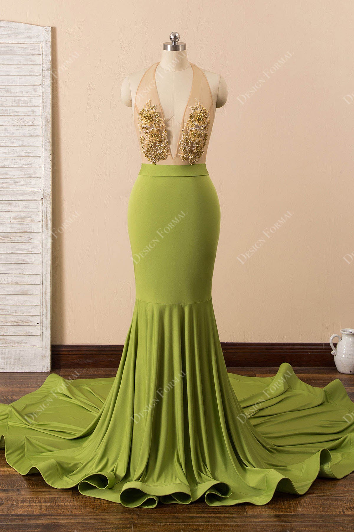 Beaded Lemon Green Jersey Sexy Plunging Mermaid Dress